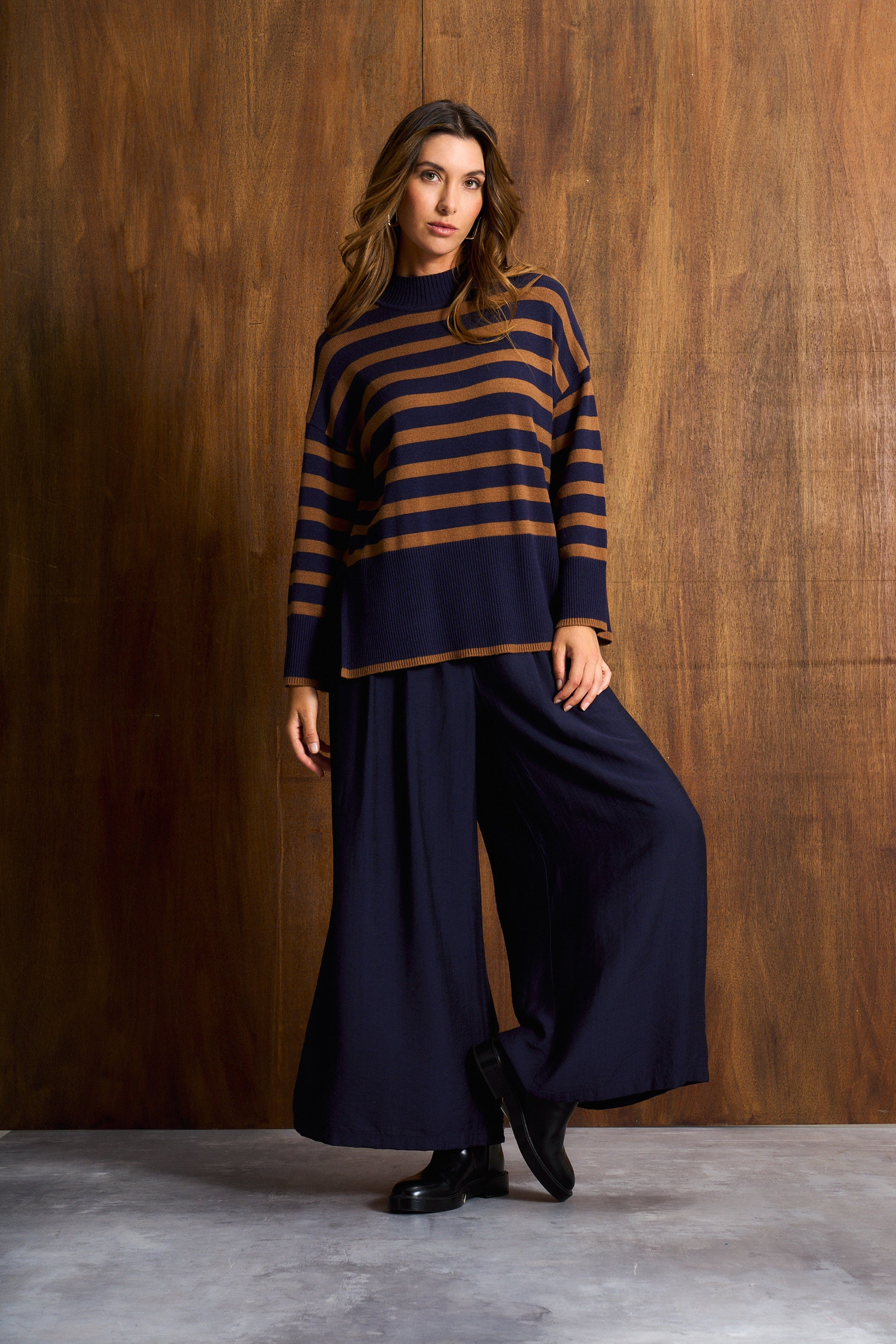 Tan & Navy Stripe Funnel Neck Jersey