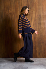 Tan & Navy Stripe Funnel Neck Jersey