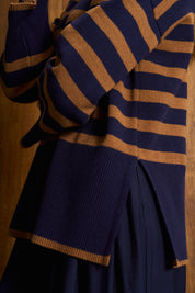 Tan & Navy Stripe Funnel Neck Jersey