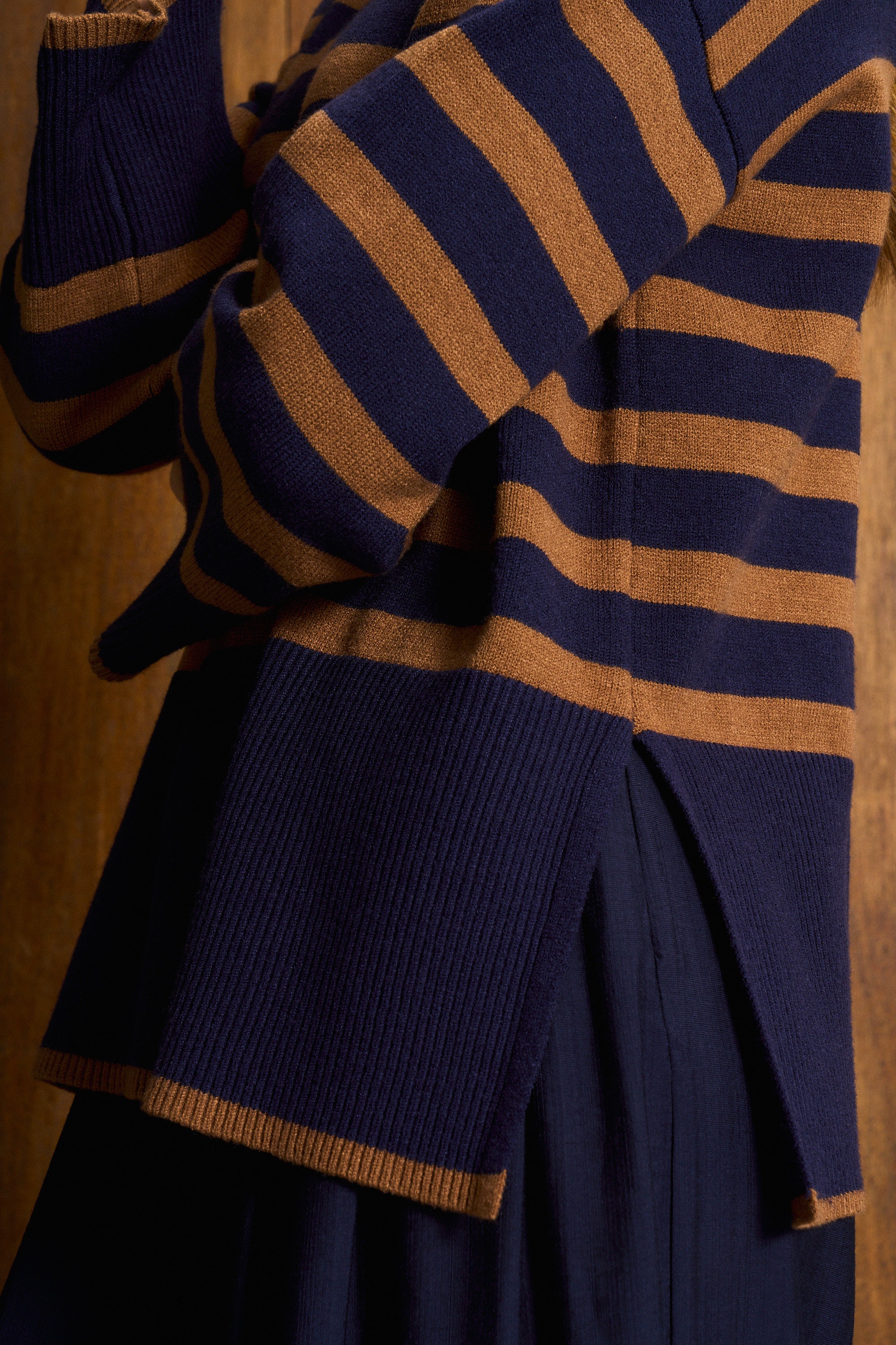 Tan & Navy Stripe Funnel Neck Jersey