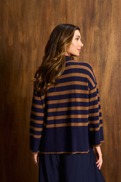 Tan & Navy Stripe Funnel Neck Jersey