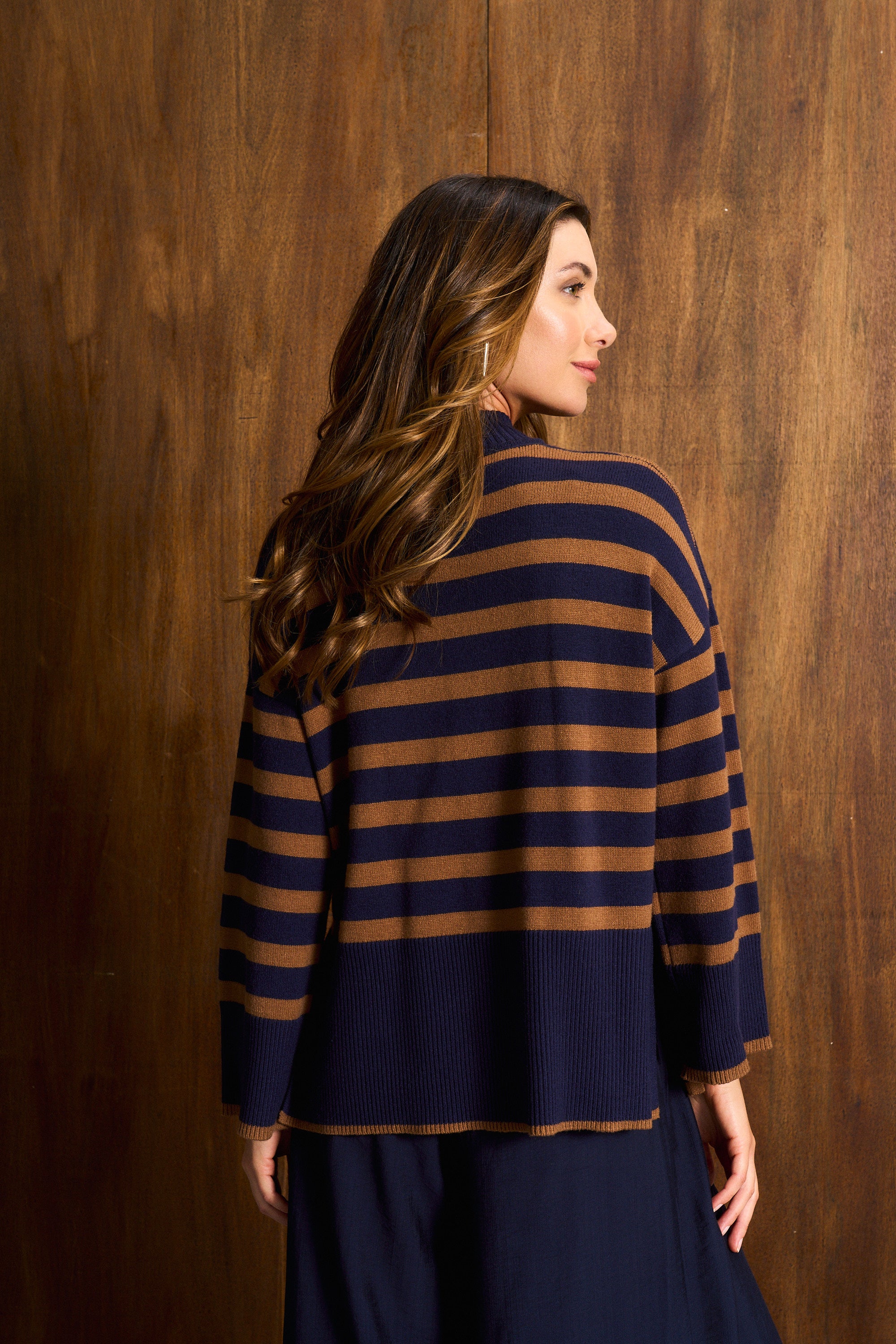 Tan & Navy Stripe Funnel Neck Jersey