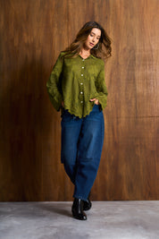 Olive Pesto Appliqué Cotton Blouse