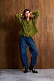 Olive Pesto Appliqué Cotton Blouse