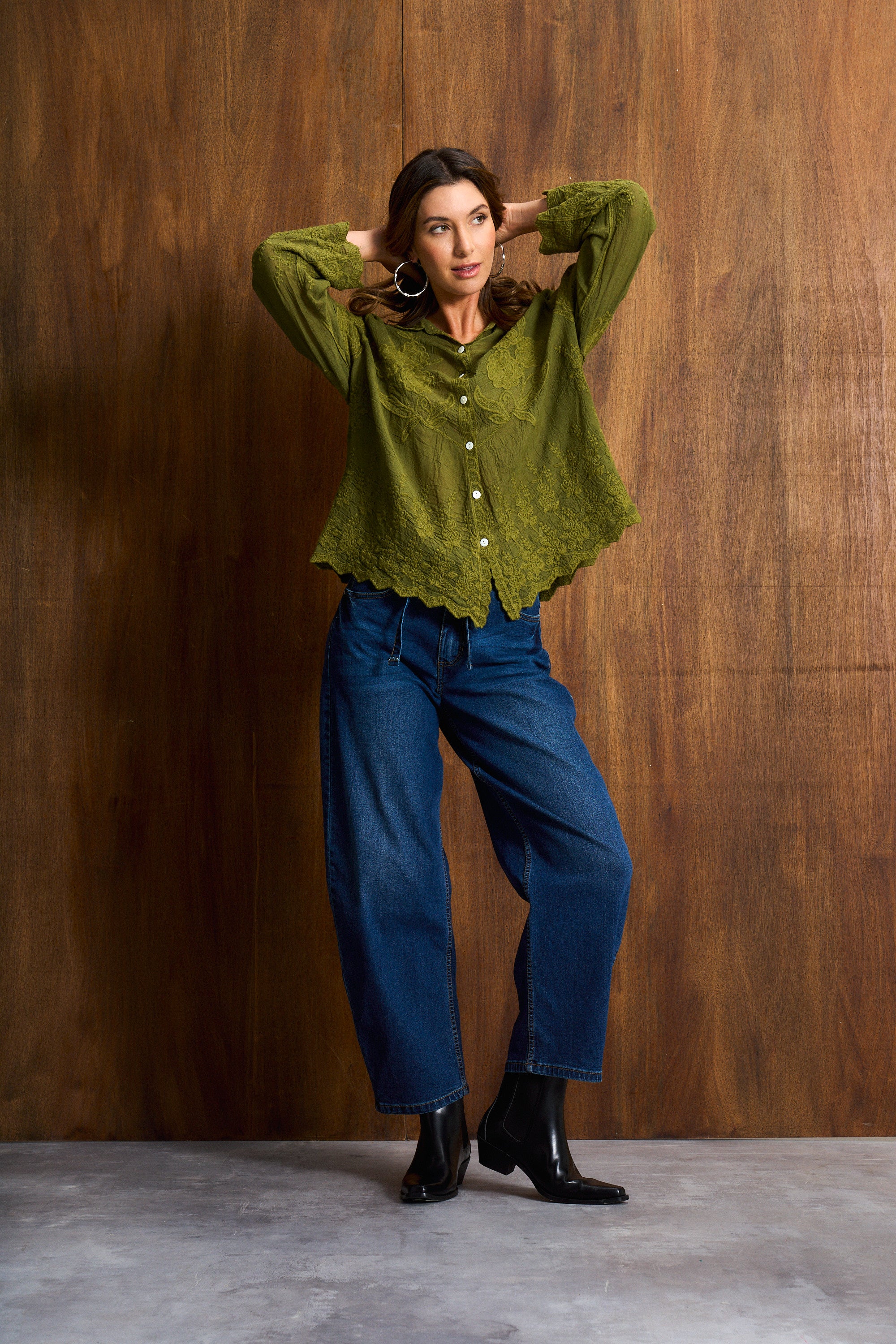 Olive Pesto Appliqué Cotton Blouse