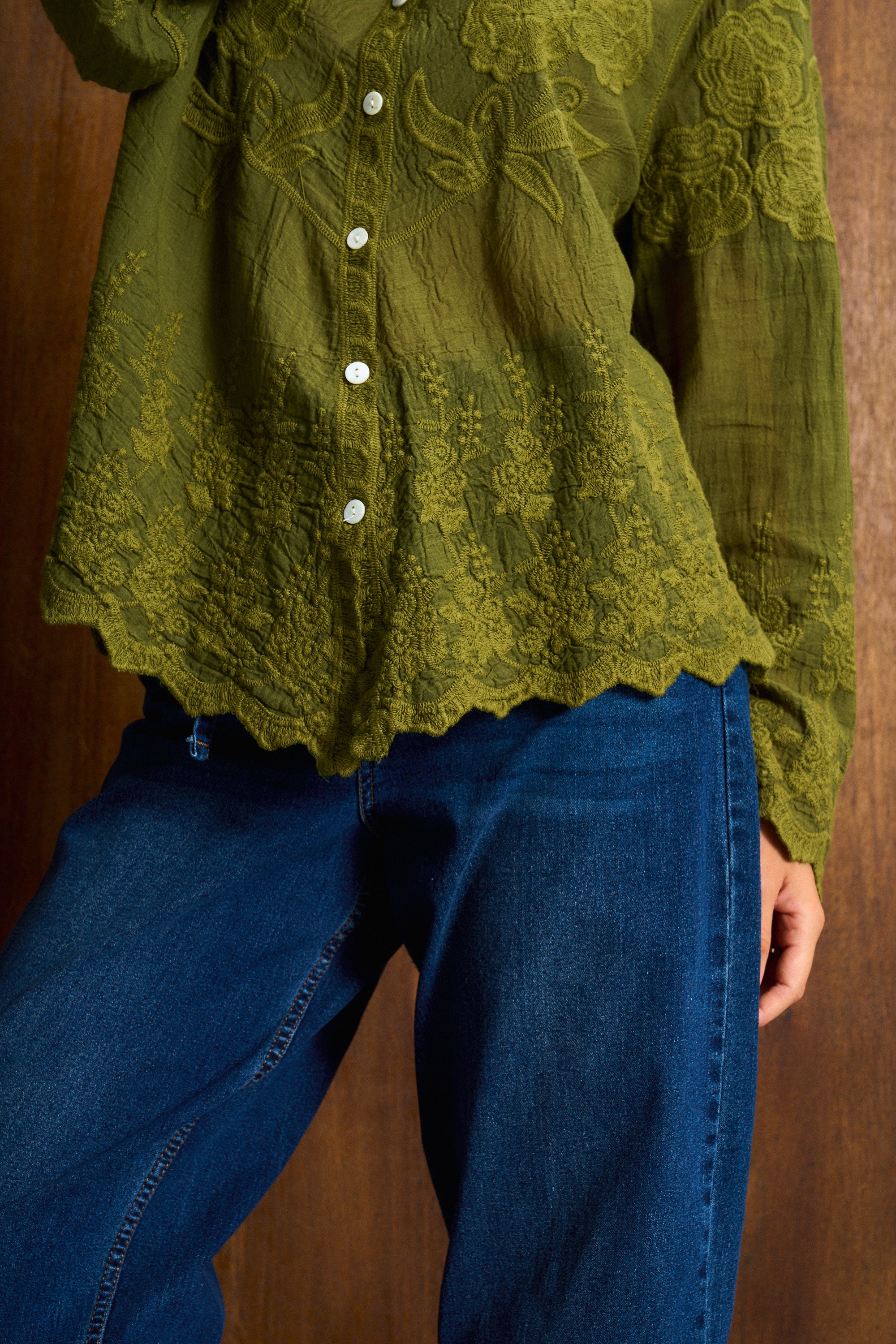 Olive Pesto Appliqué Cotton Blouse