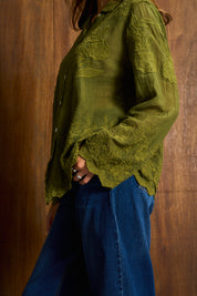 Olive Pesto Appliqué Cotton Blouse