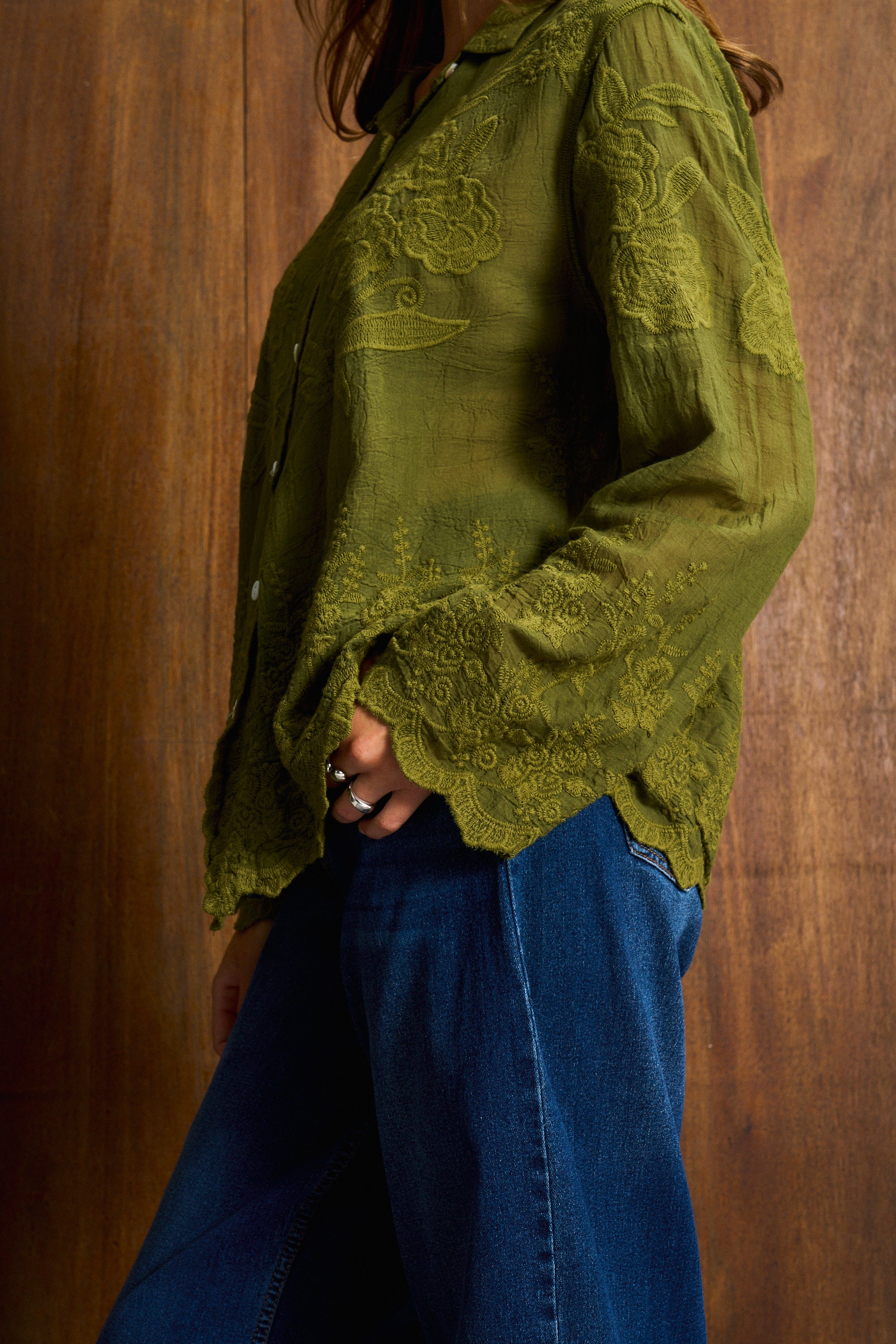 Olive Pesto Appliqué Cotton Blouse