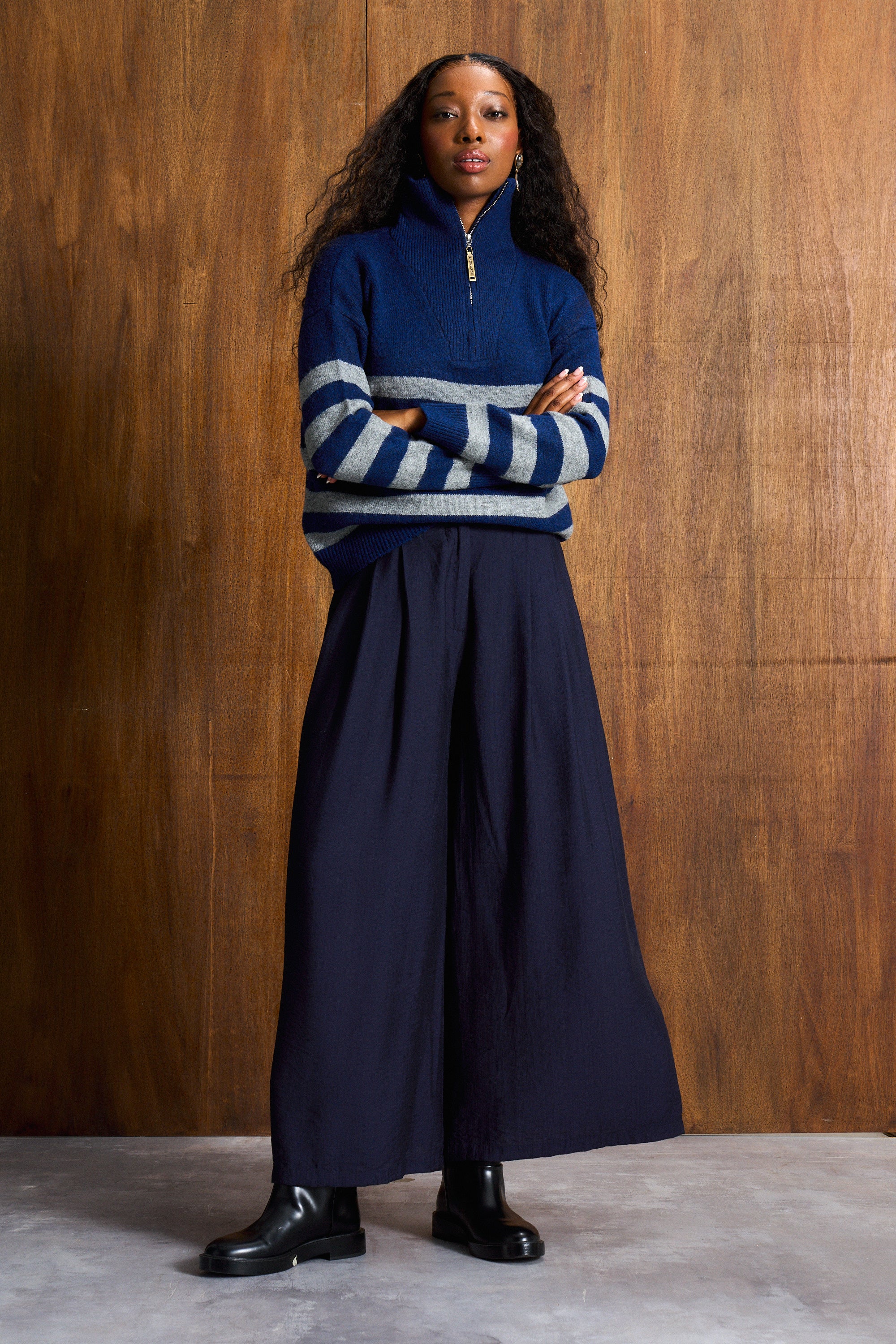 Navy & Melange Grey Wool Blend Half-Zip Knit