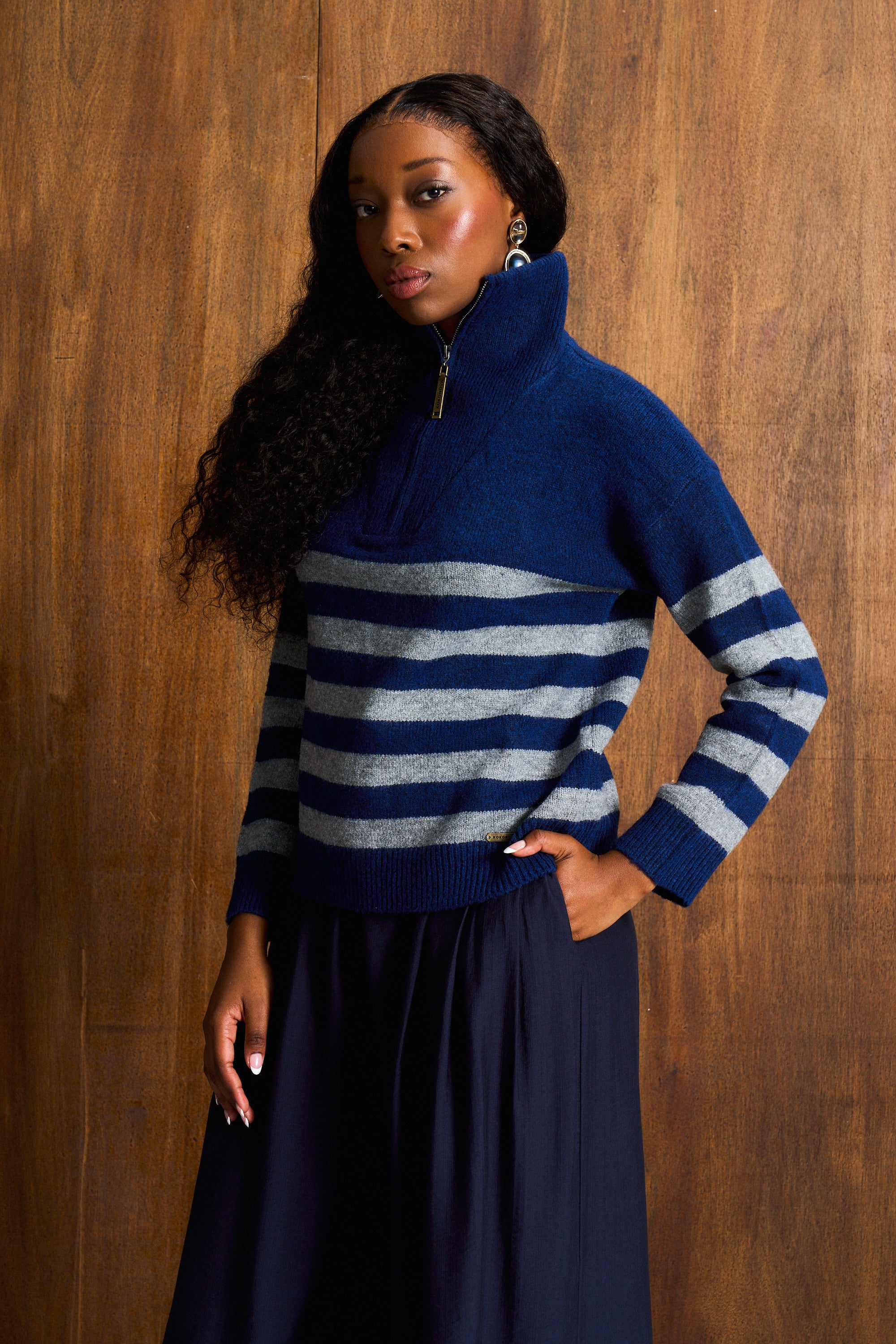 Navy & Melange Grey Wool Blend Half-Zip Knit