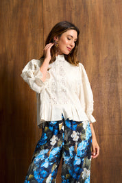 Linen Trim Blouse In Oat