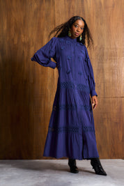 Ink Blue 3D Floral Appliqué Maxi Dress