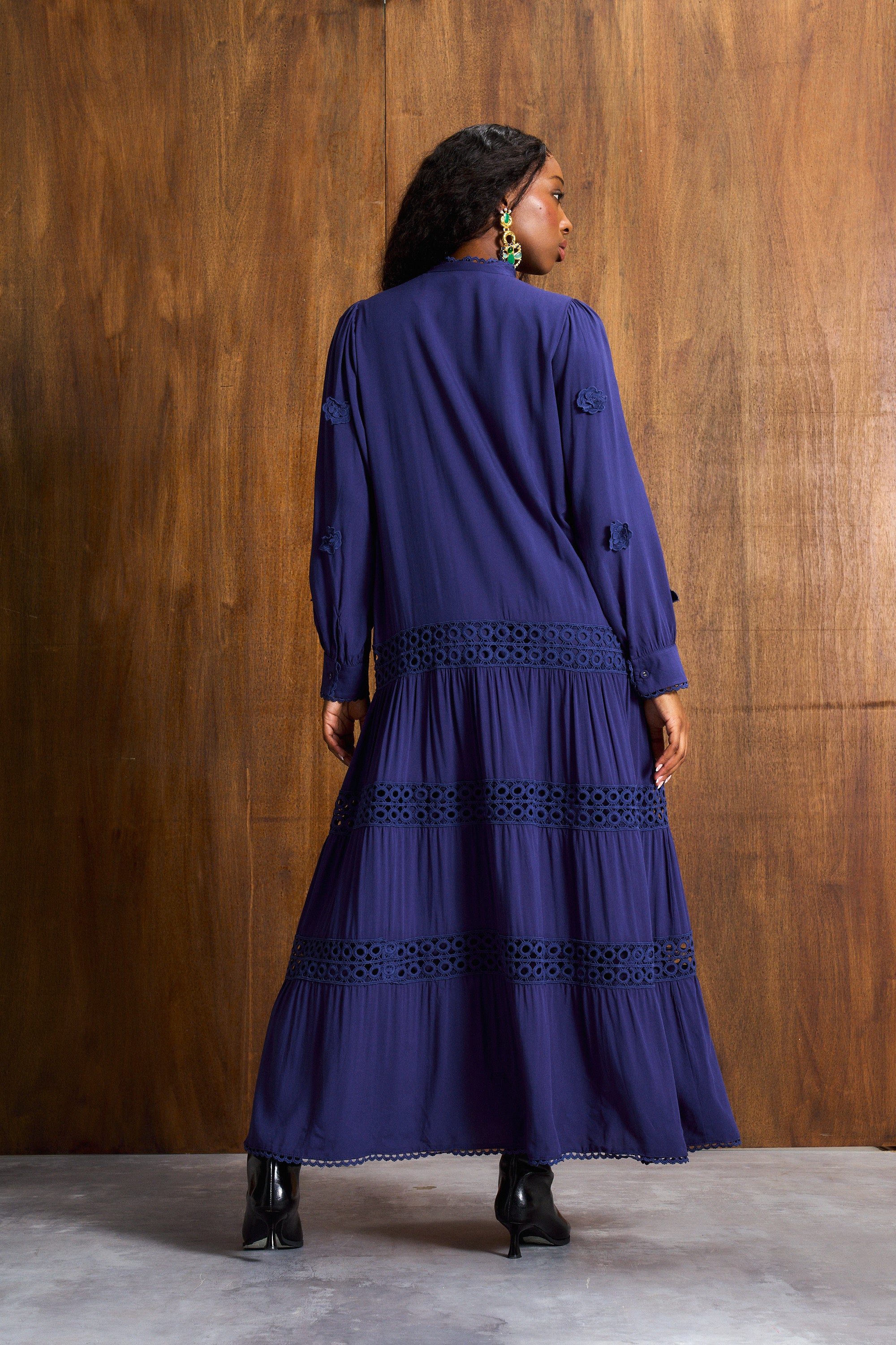 Ink Blue 3D Floral Appliqué Maxi Dress