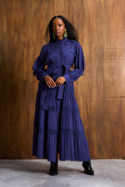 Ink Blue 3D Floral Appliqué Maxi Dress