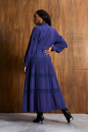 Ink Blue 3D Floral Appliqué Maxi Dress