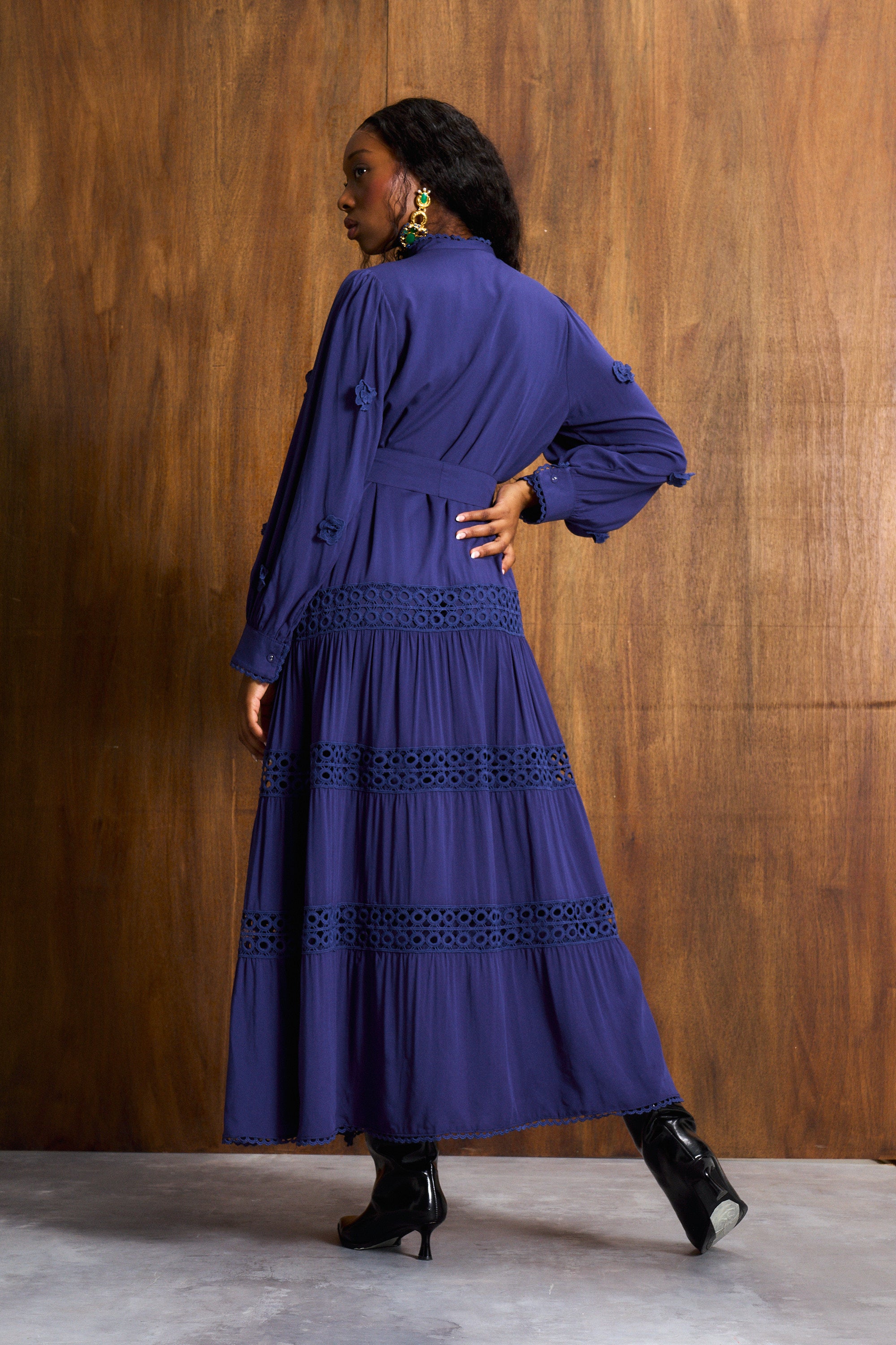 Ink Blue 3D Floral Appliqué Maxi Dress