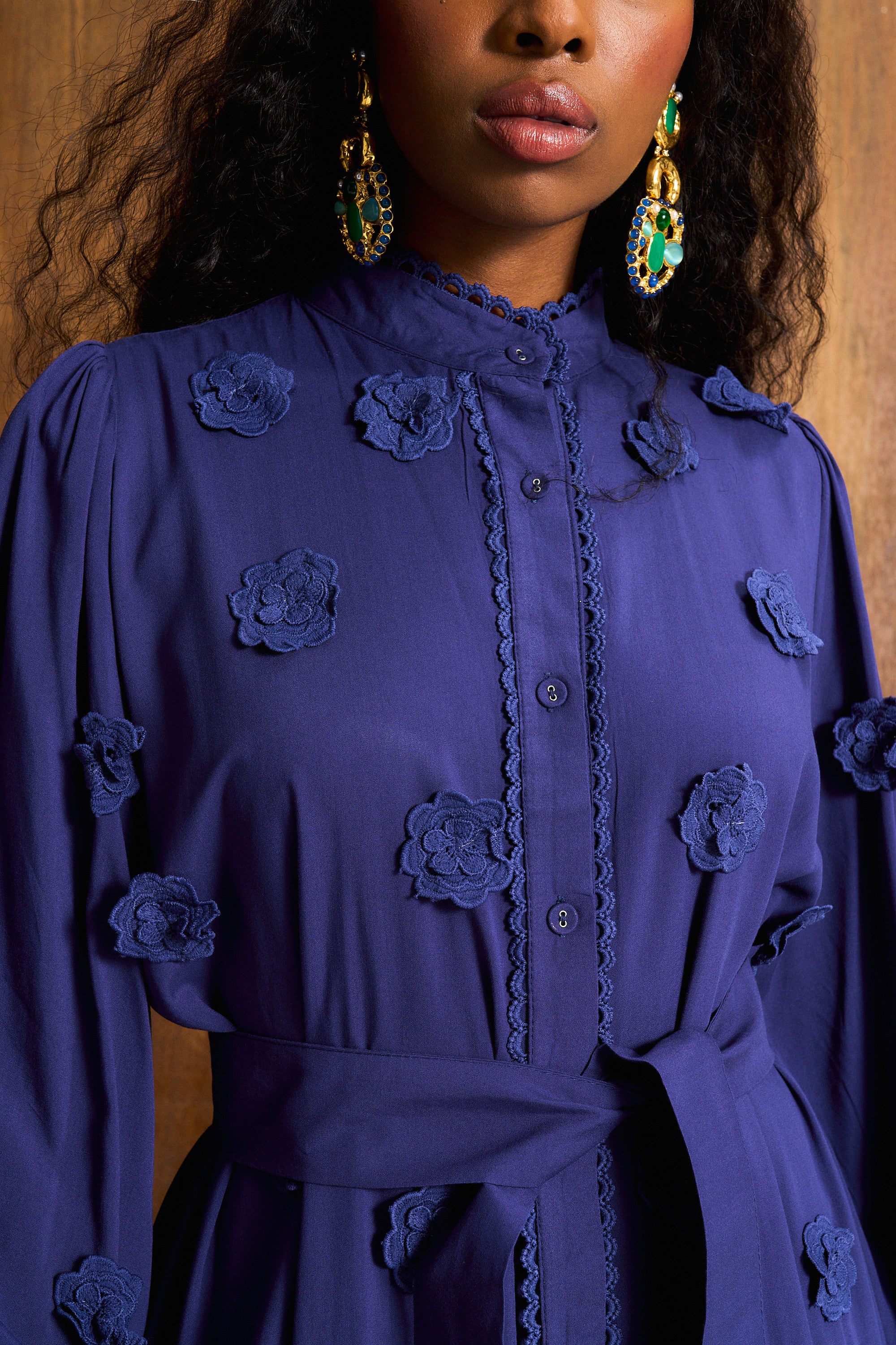 Ink Blue 3D Floral Appliqué Maxi Dress