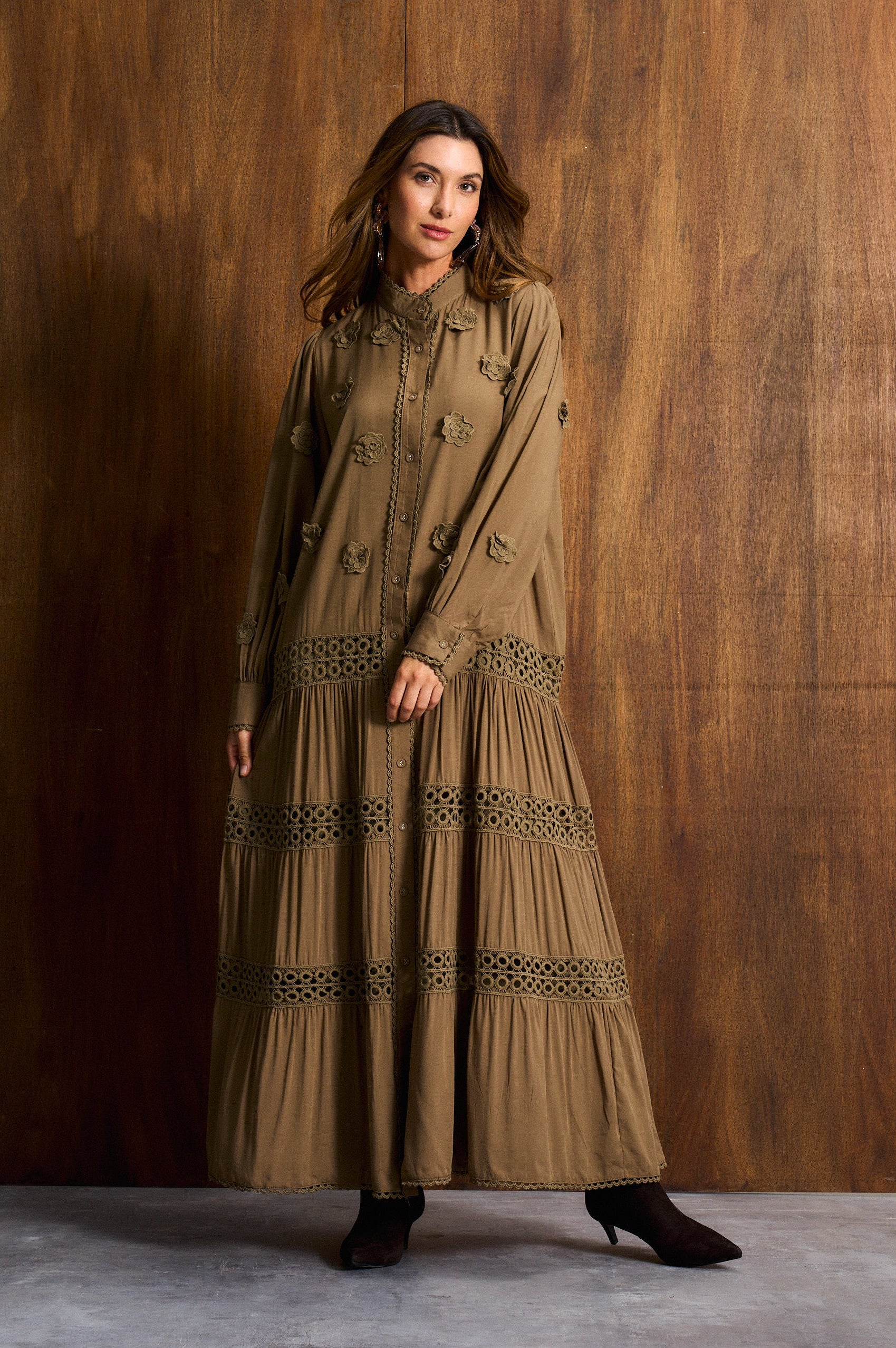 Olive 3D Floral Appliqué Maxi Dress