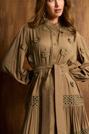 Olive 3D Floral Appliqué Maxi Dress