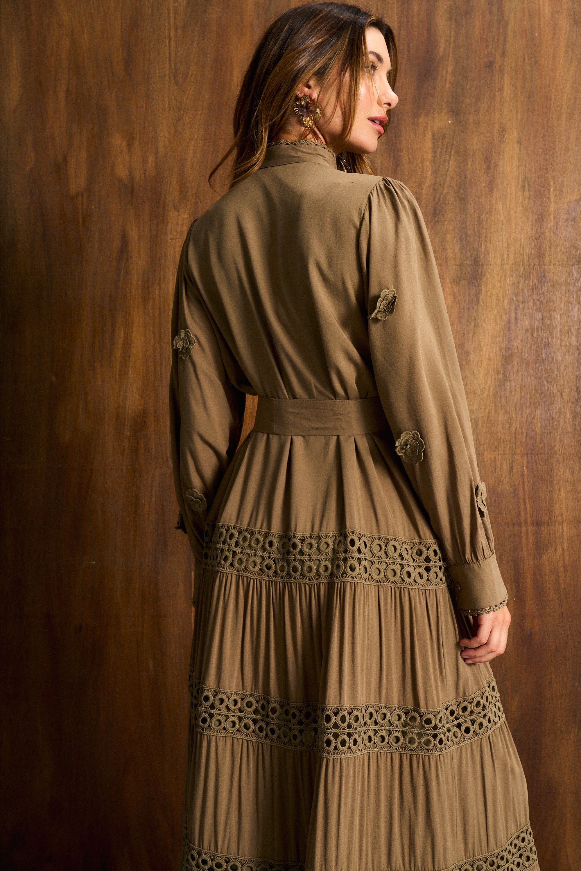 Olive 3D Floral Appliqué Maxi Dress