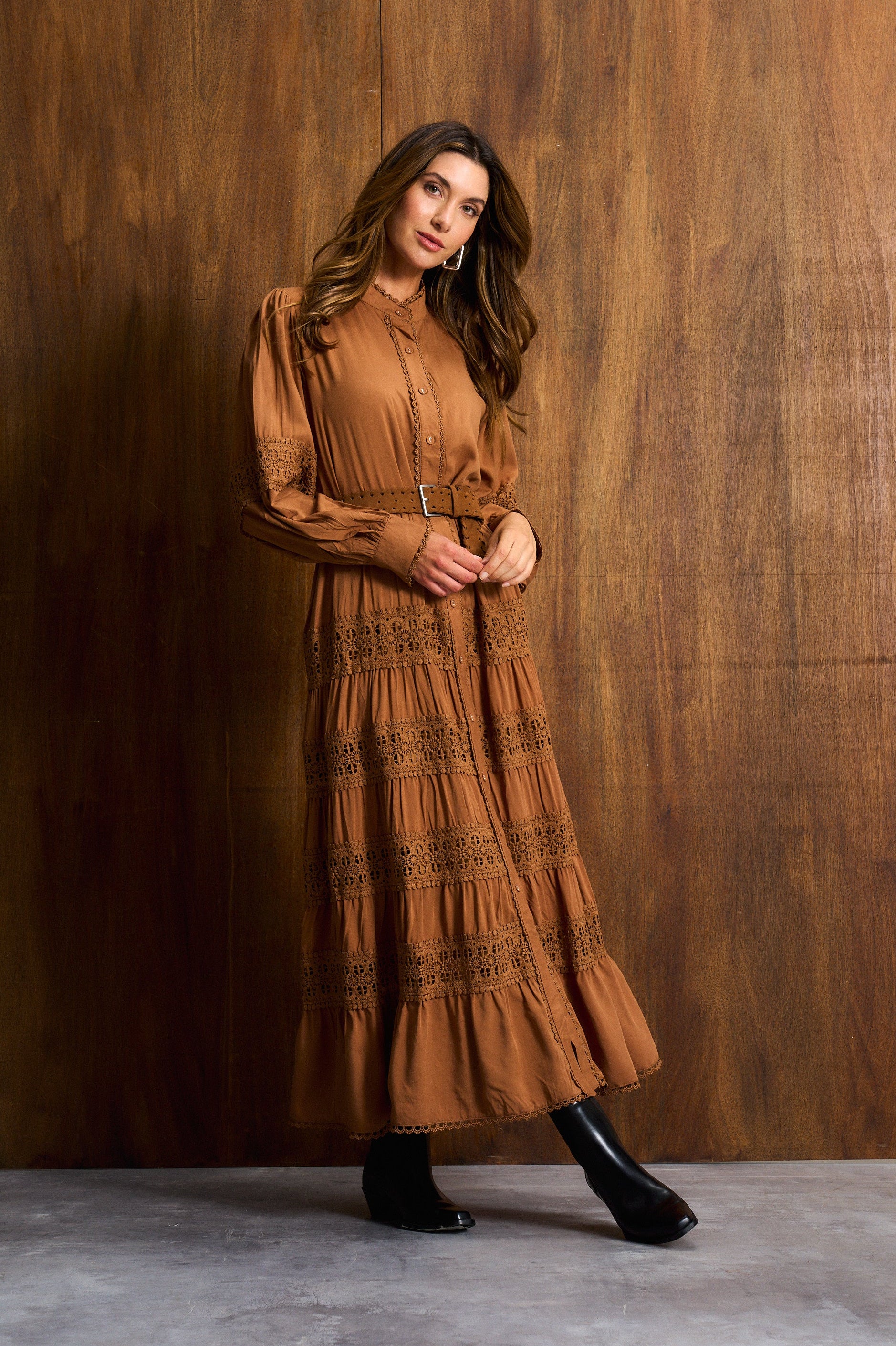 Cinnamon Ladder Trim Maxi Dress
