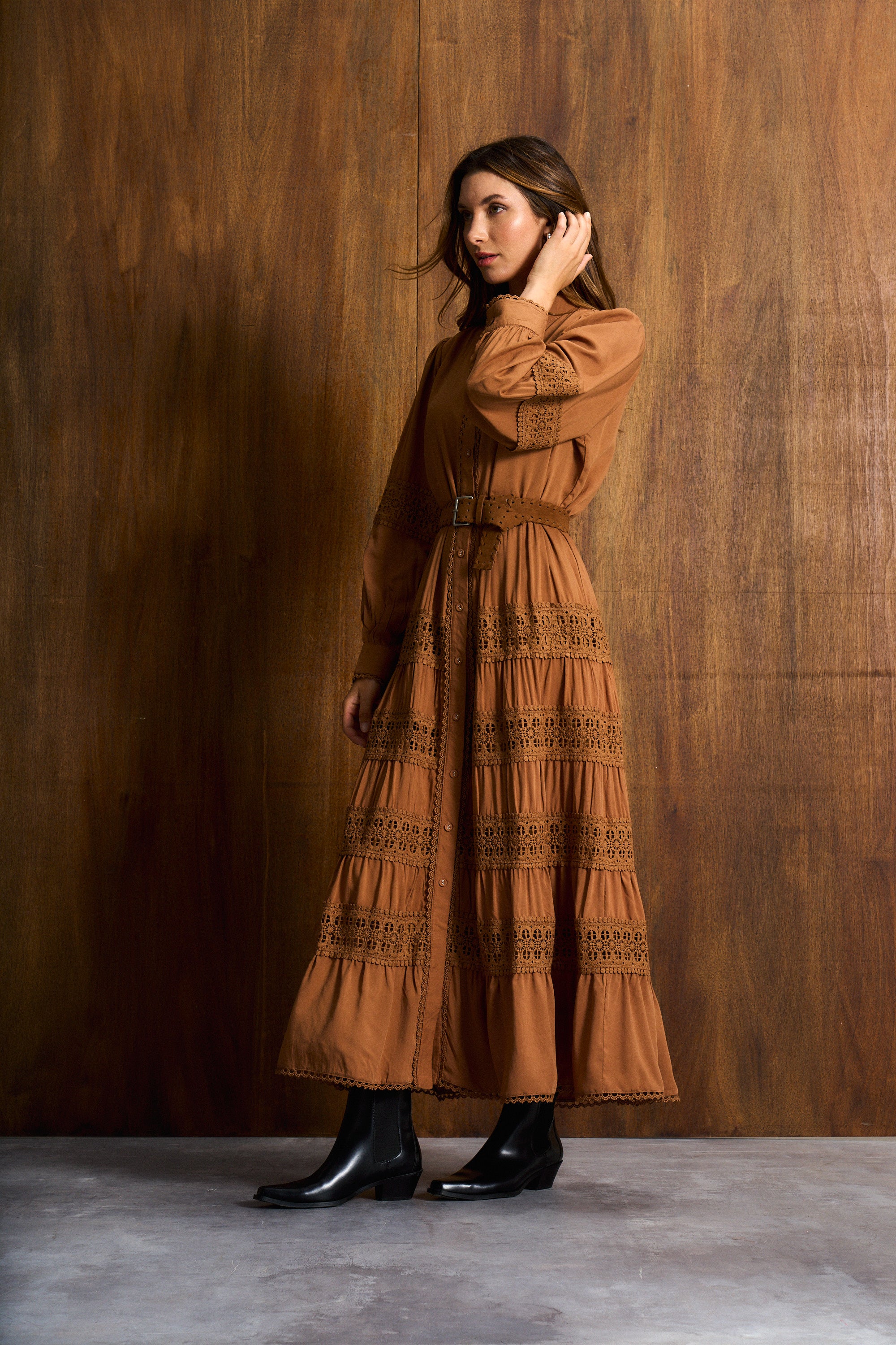 Cinnamon Ladder Trim Maxi Dress