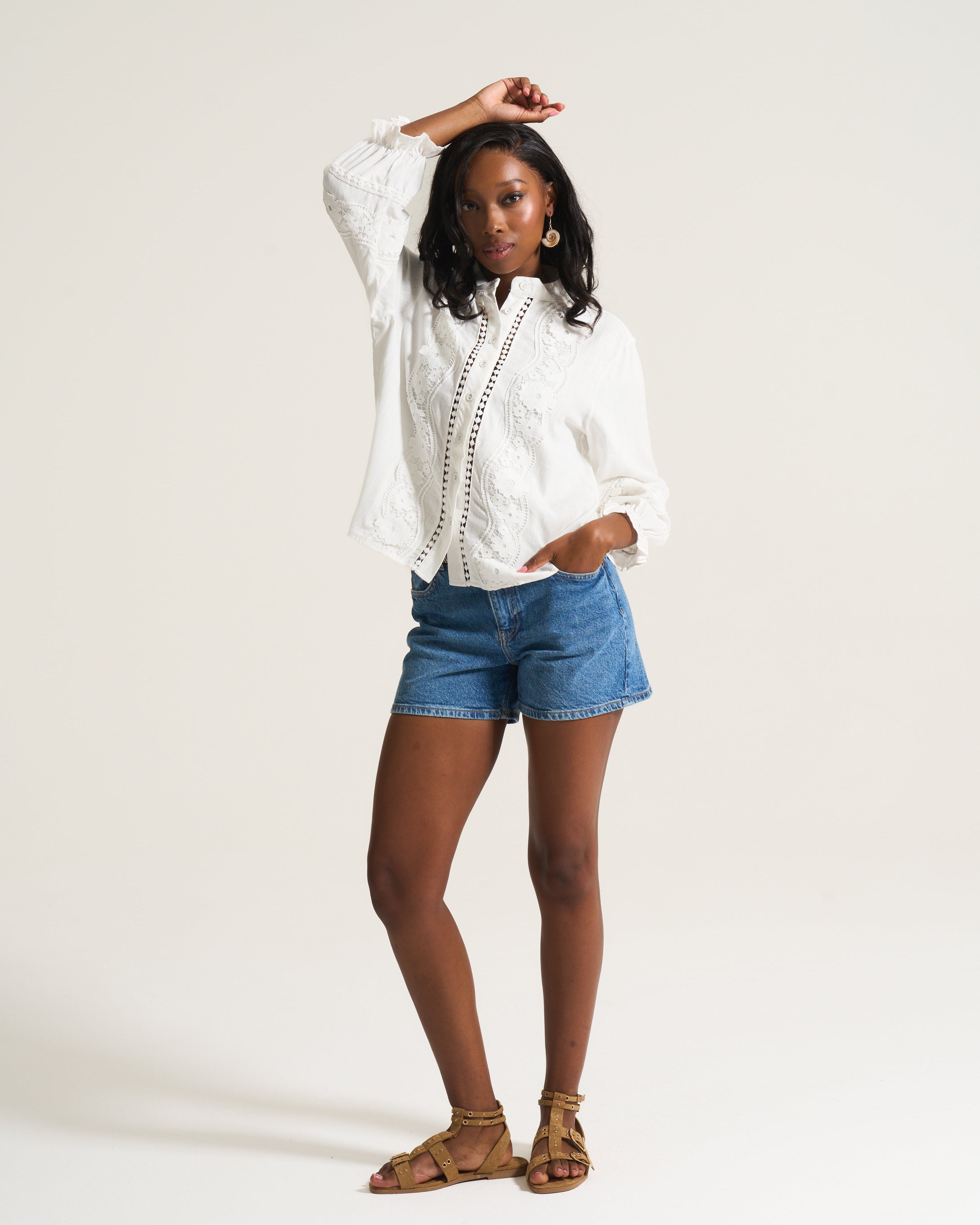 Linen Inset Blouse In White