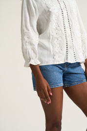 Linen Inset Blouse In White