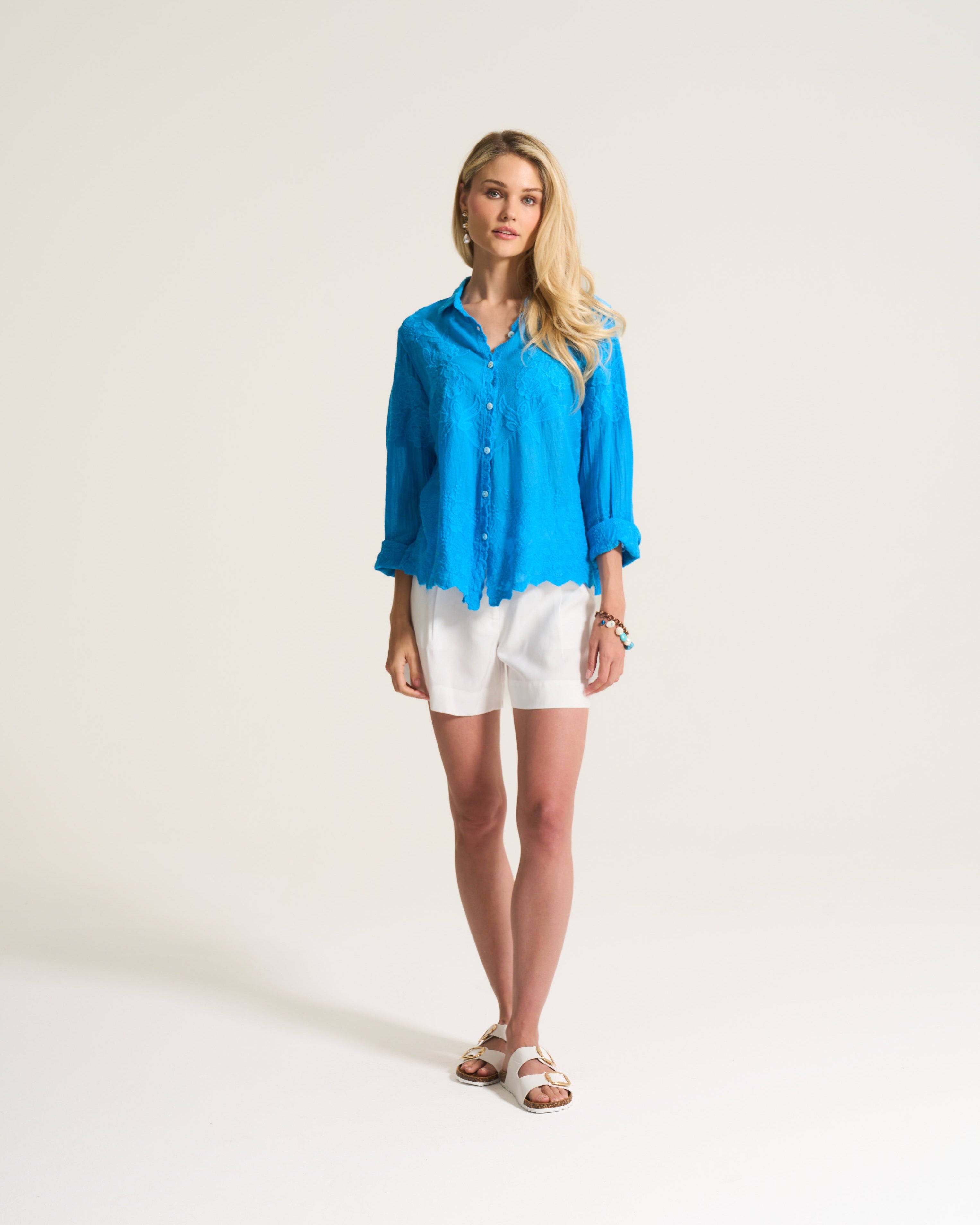 Applique Cotton Blouse In Turquoise