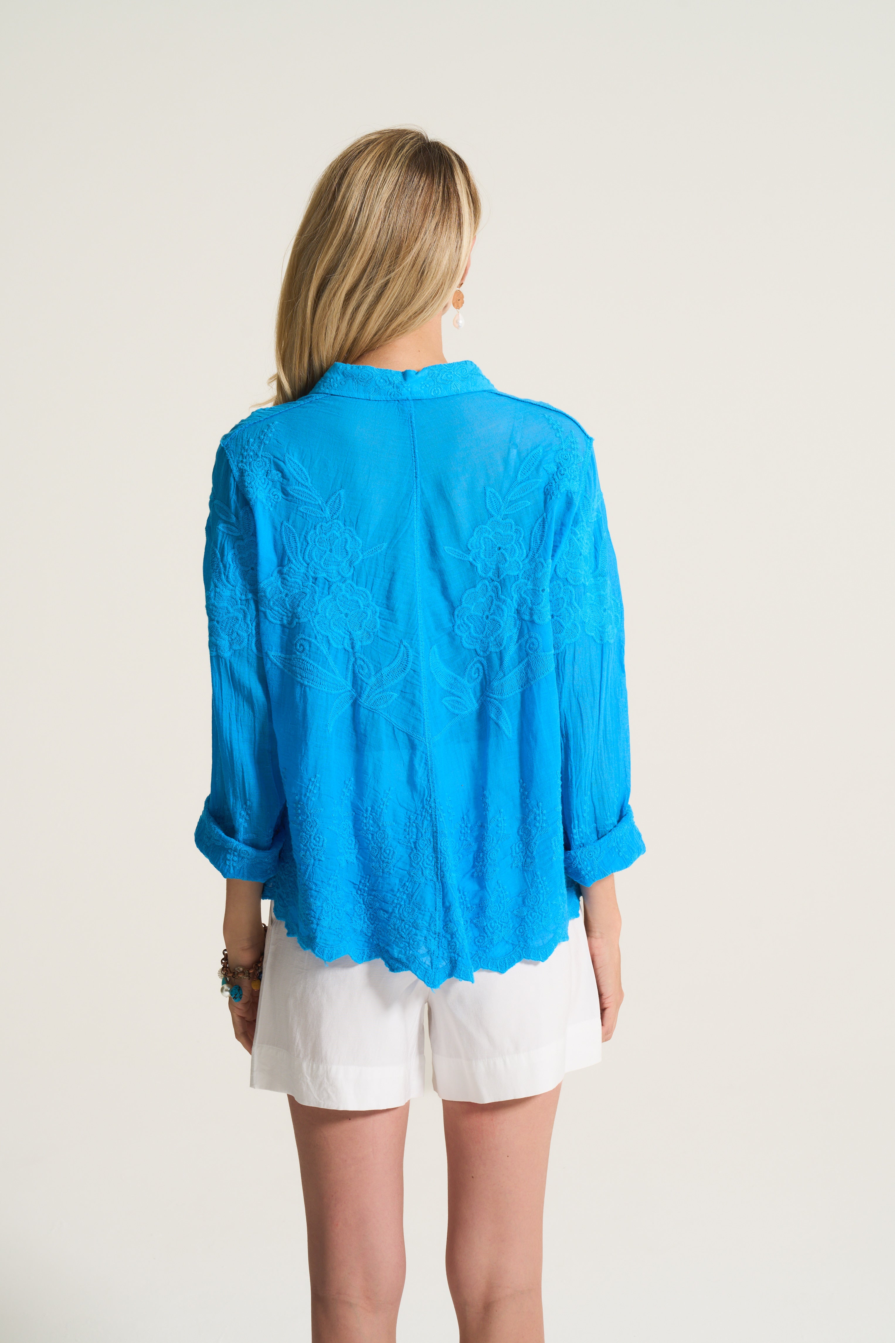 Applique Cotton Blouse In Turquoise