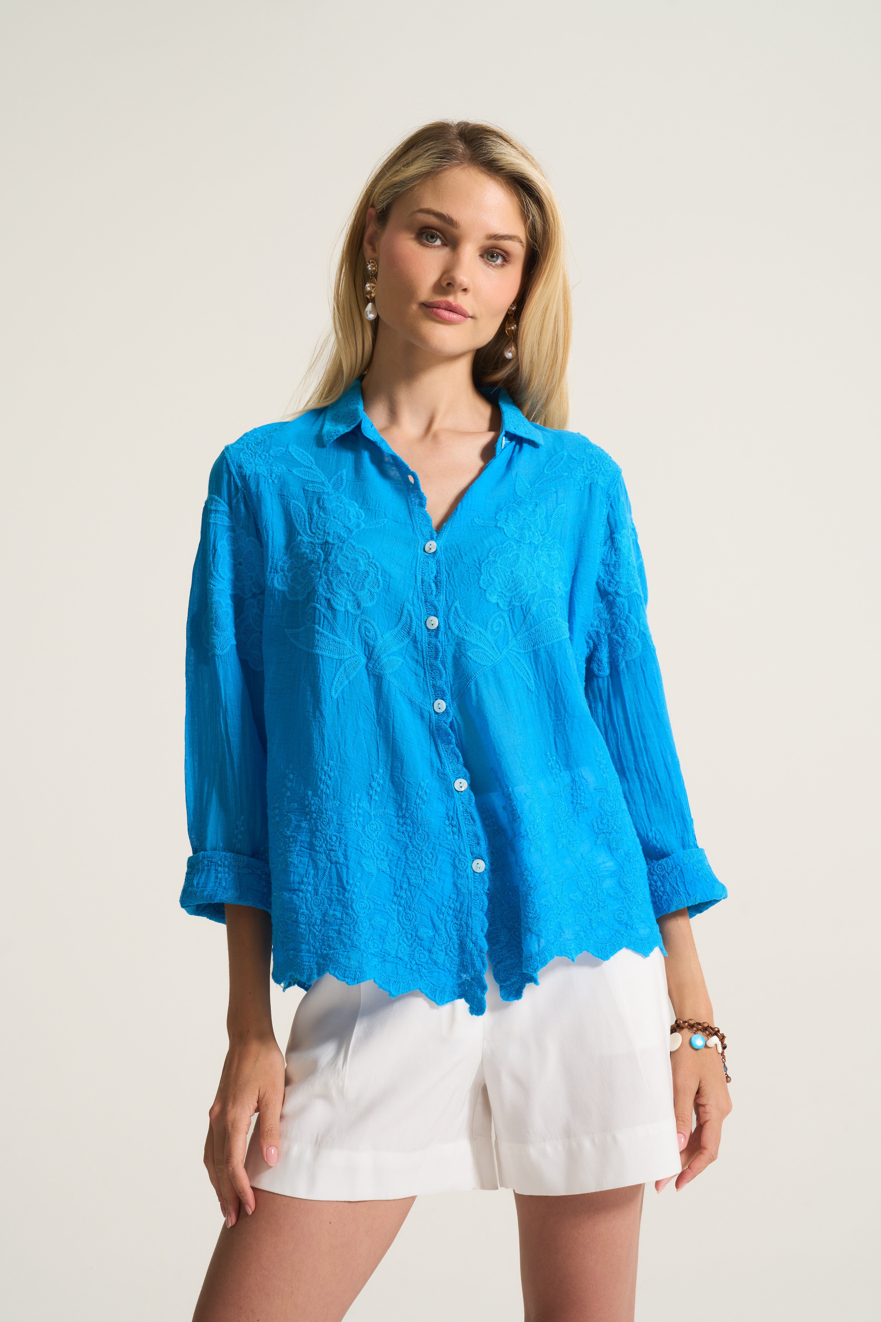 Applique Cotton Blouse In Turquoise