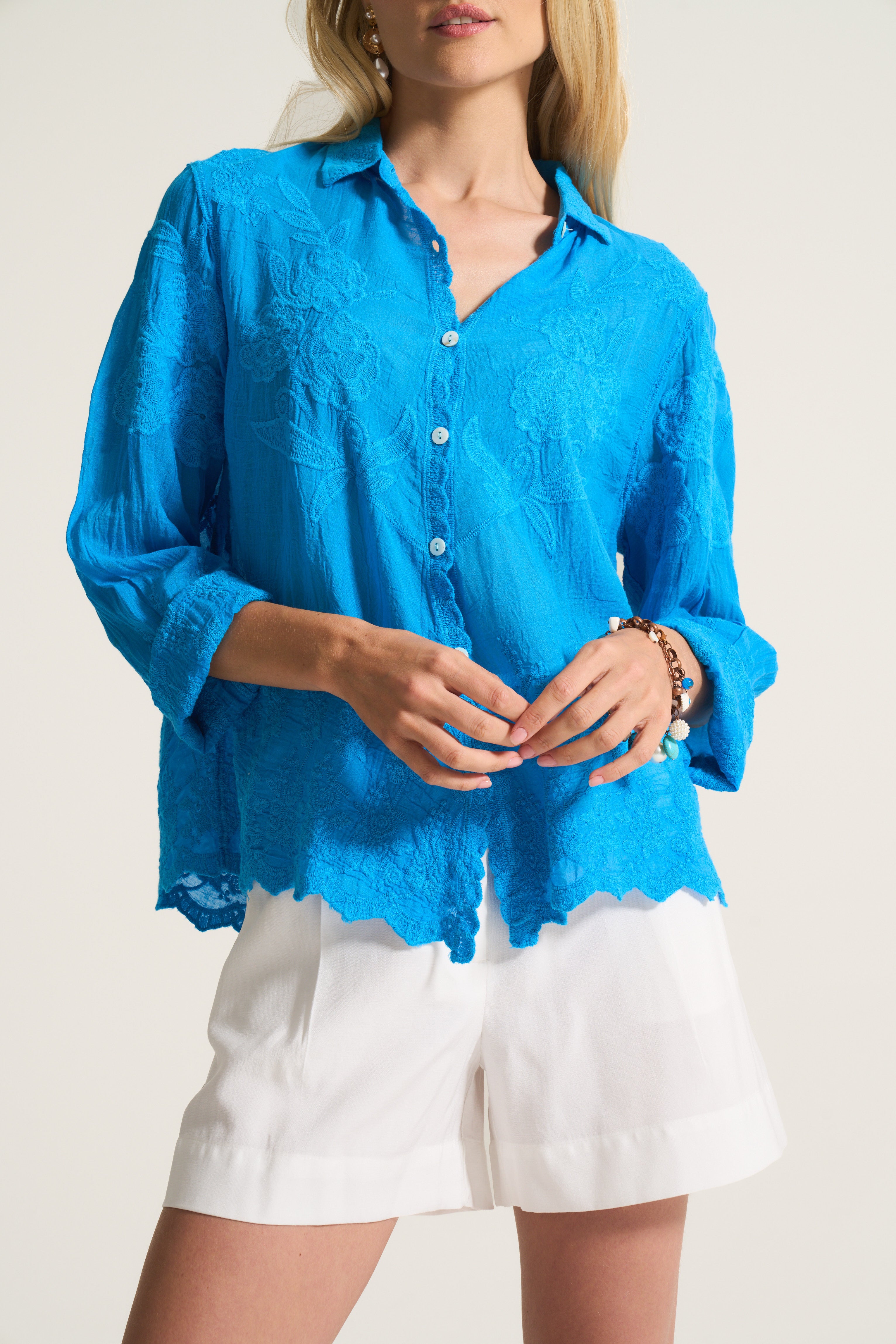 Applique Cotton Blouse In Turquoise