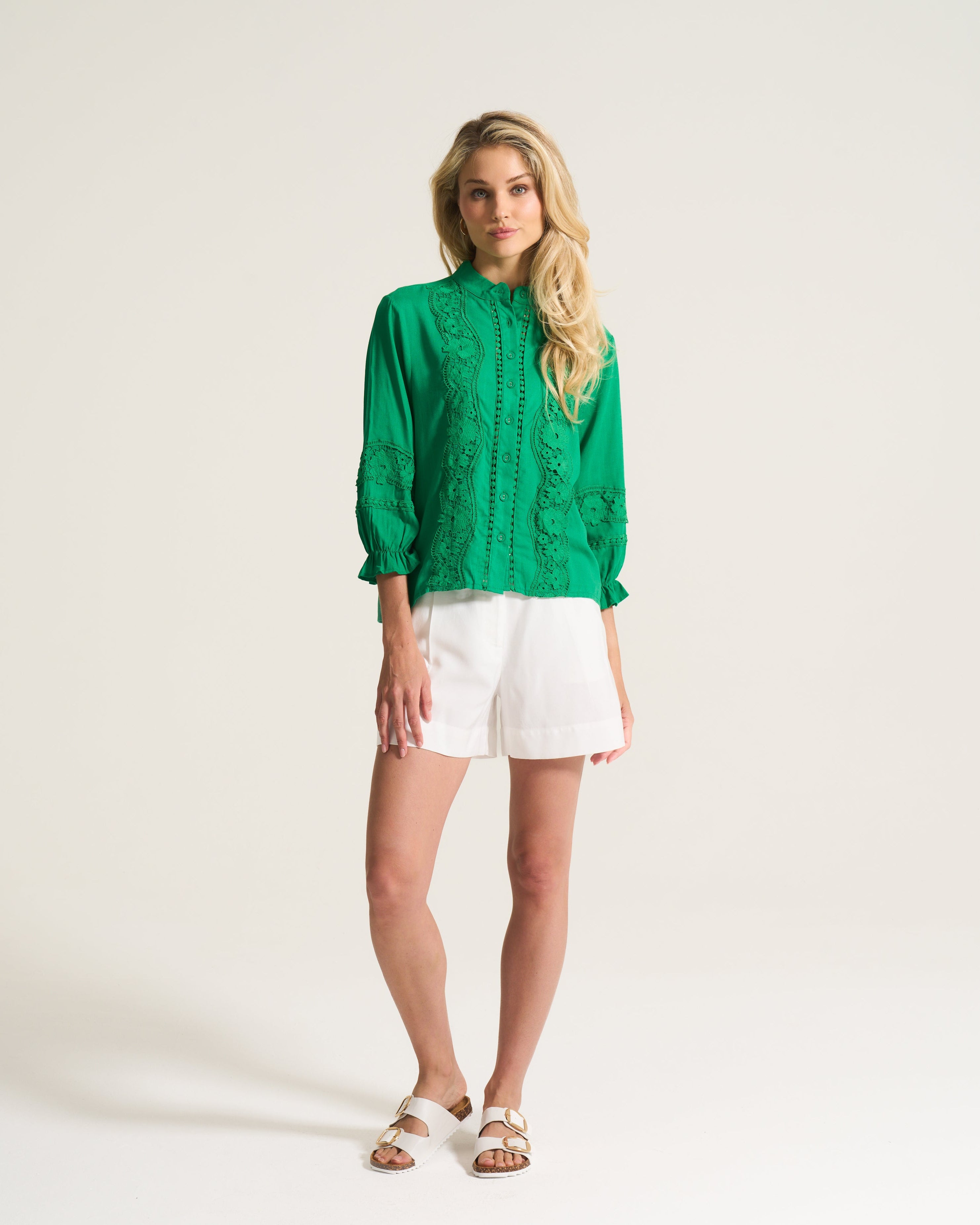 Linen Inset Blouse In Apple Green