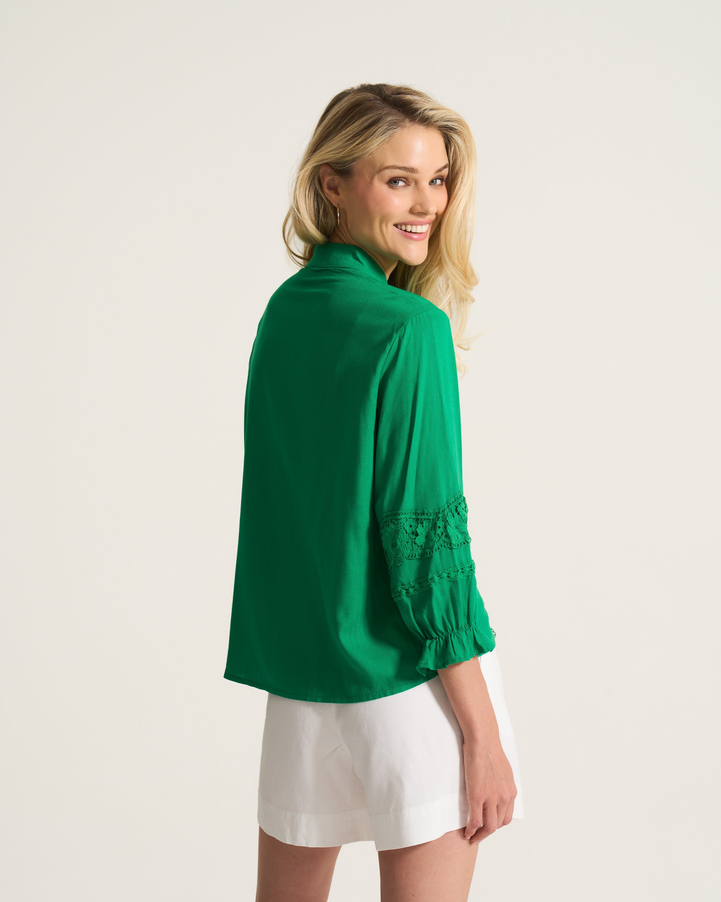 Linen Inset Blouse In Apple Green