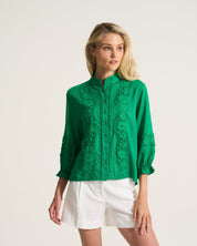 Linen Inset Blouse In Apple Green