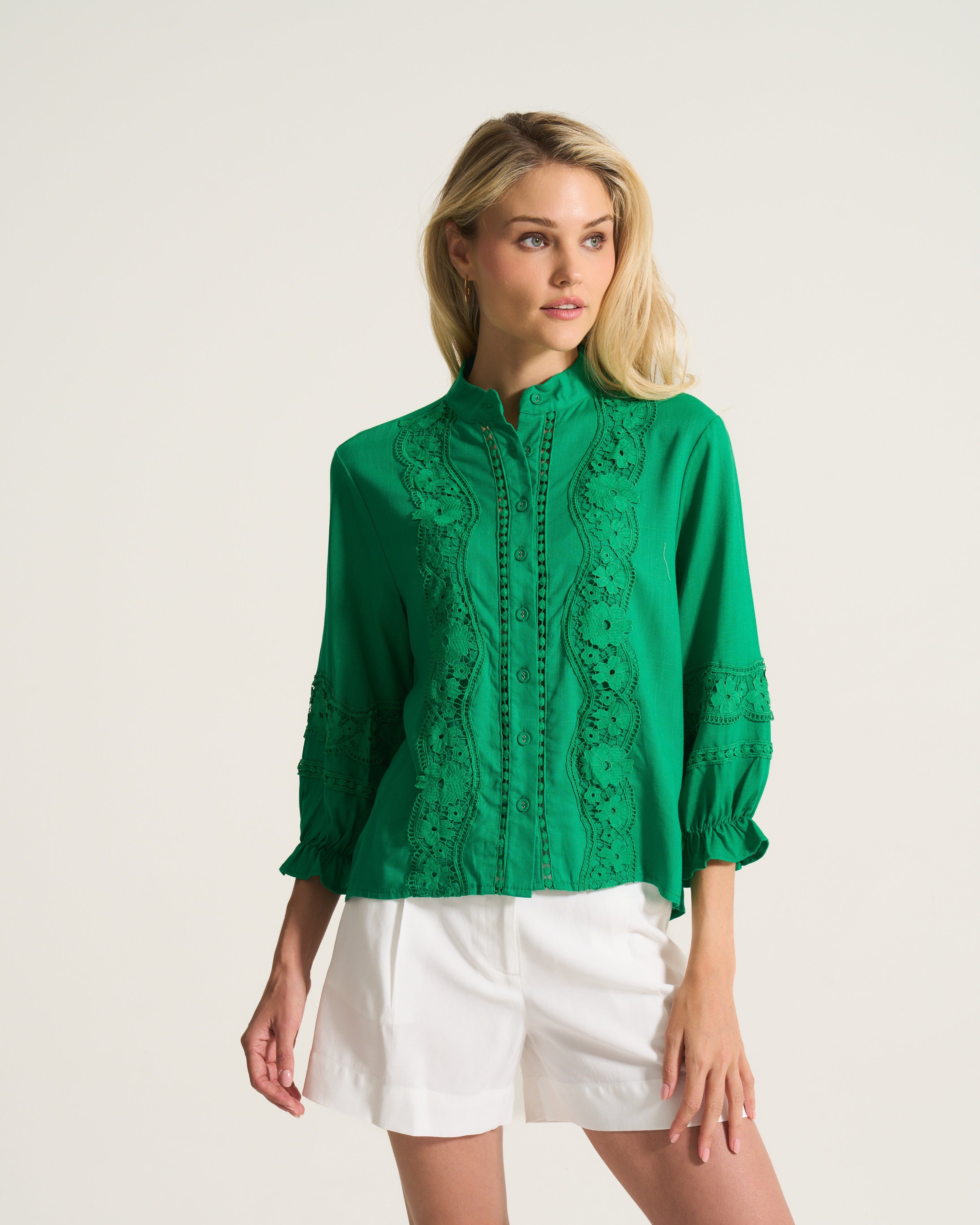 Linen Inset Blouse In Apple Green