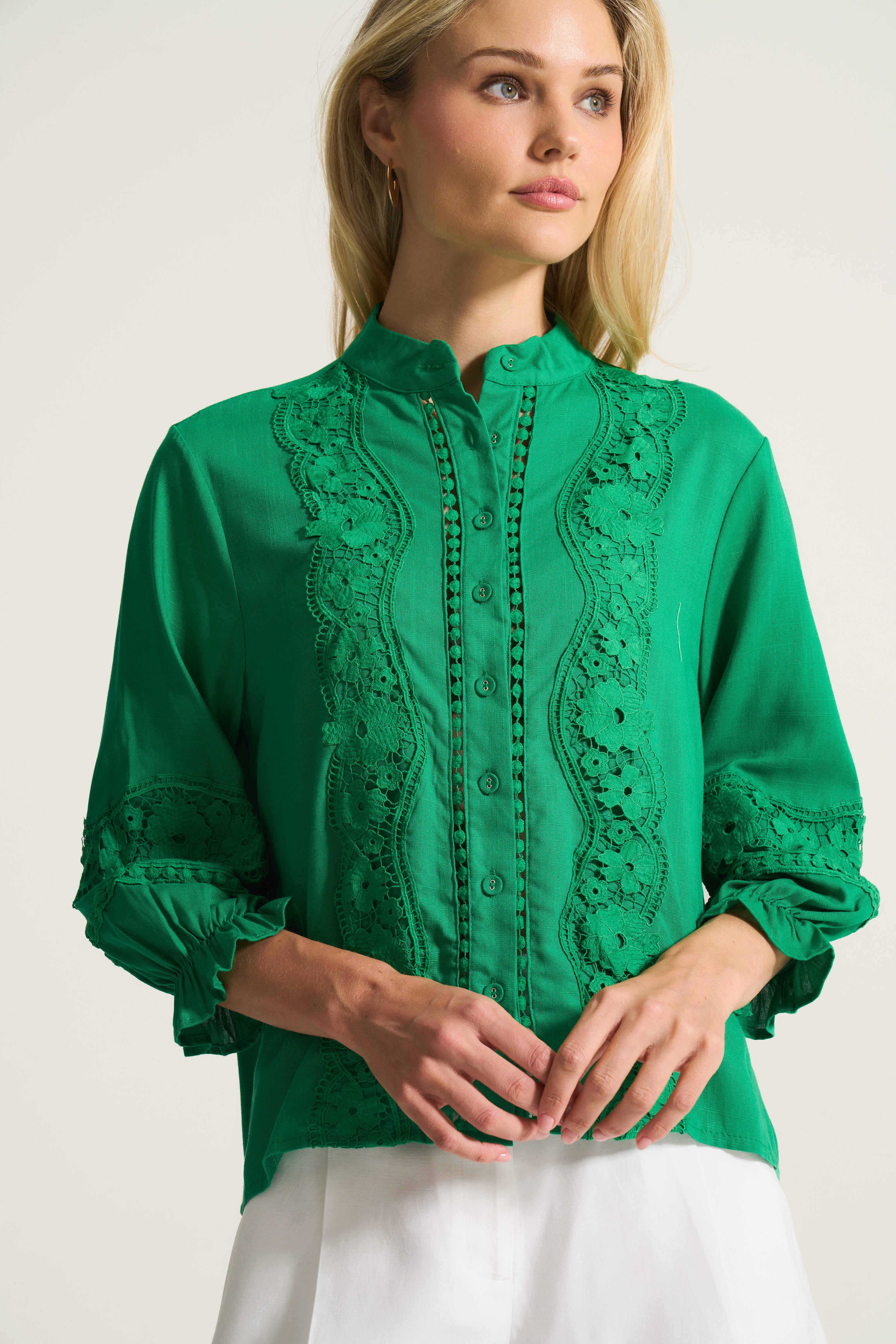 Linen Inset Blouse In Apple Green