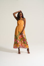 Kendal Sheering Dress in Orange Tropical