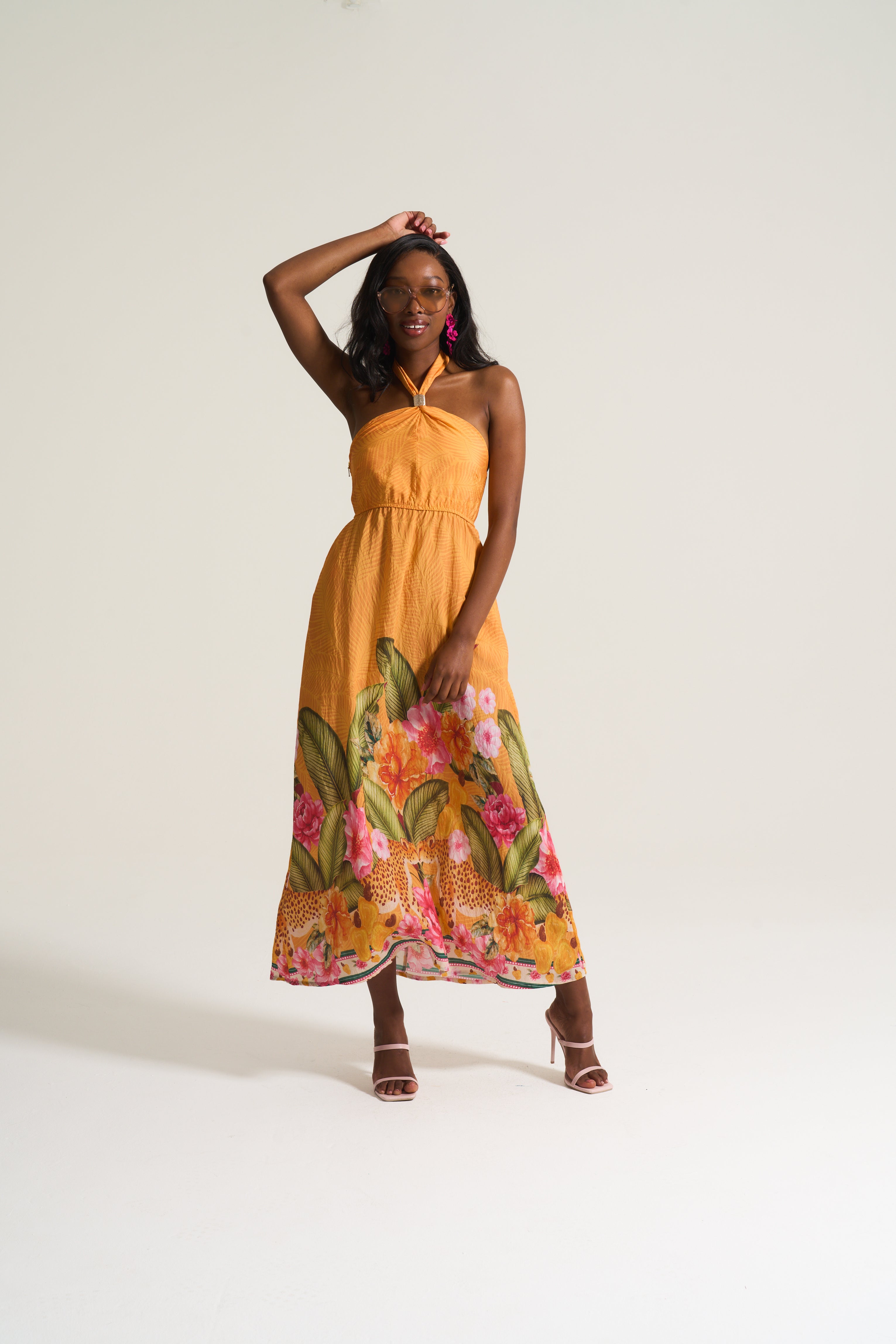 Kendal Sheering Dress in Orange Tropical