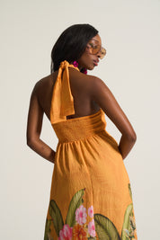 Kendal Sheering Dress in Orange Tropical
