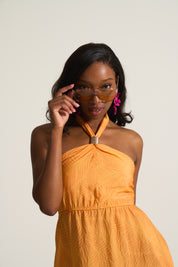 Kendal Sheering Dress in Orange Tropical