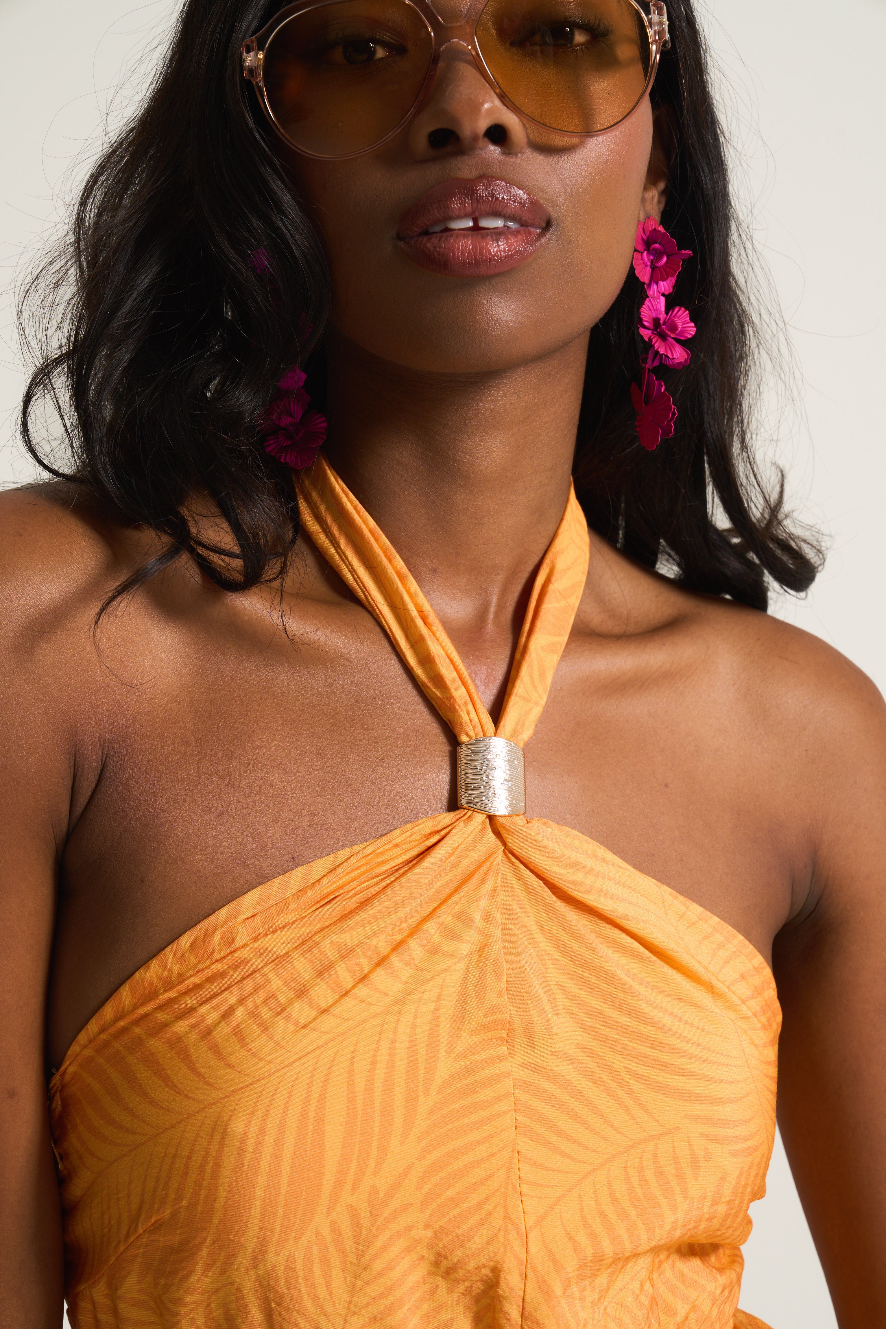 Kendal Sheering Dress in Orange Tropical