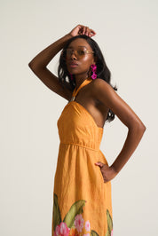 Kendal Sheering Dress in Orange Tropical