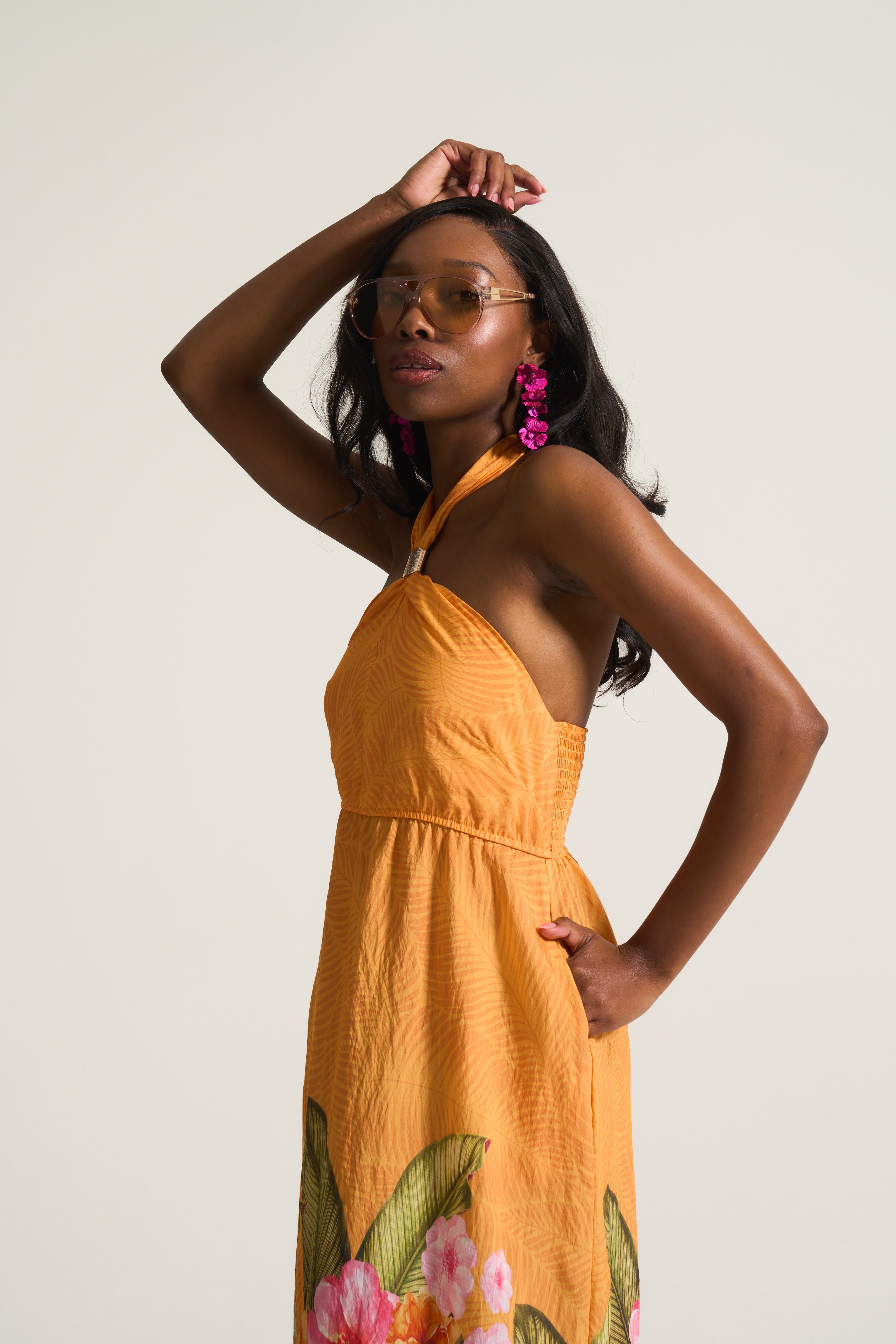 Kendal Sheering Dress in Orange Tropical