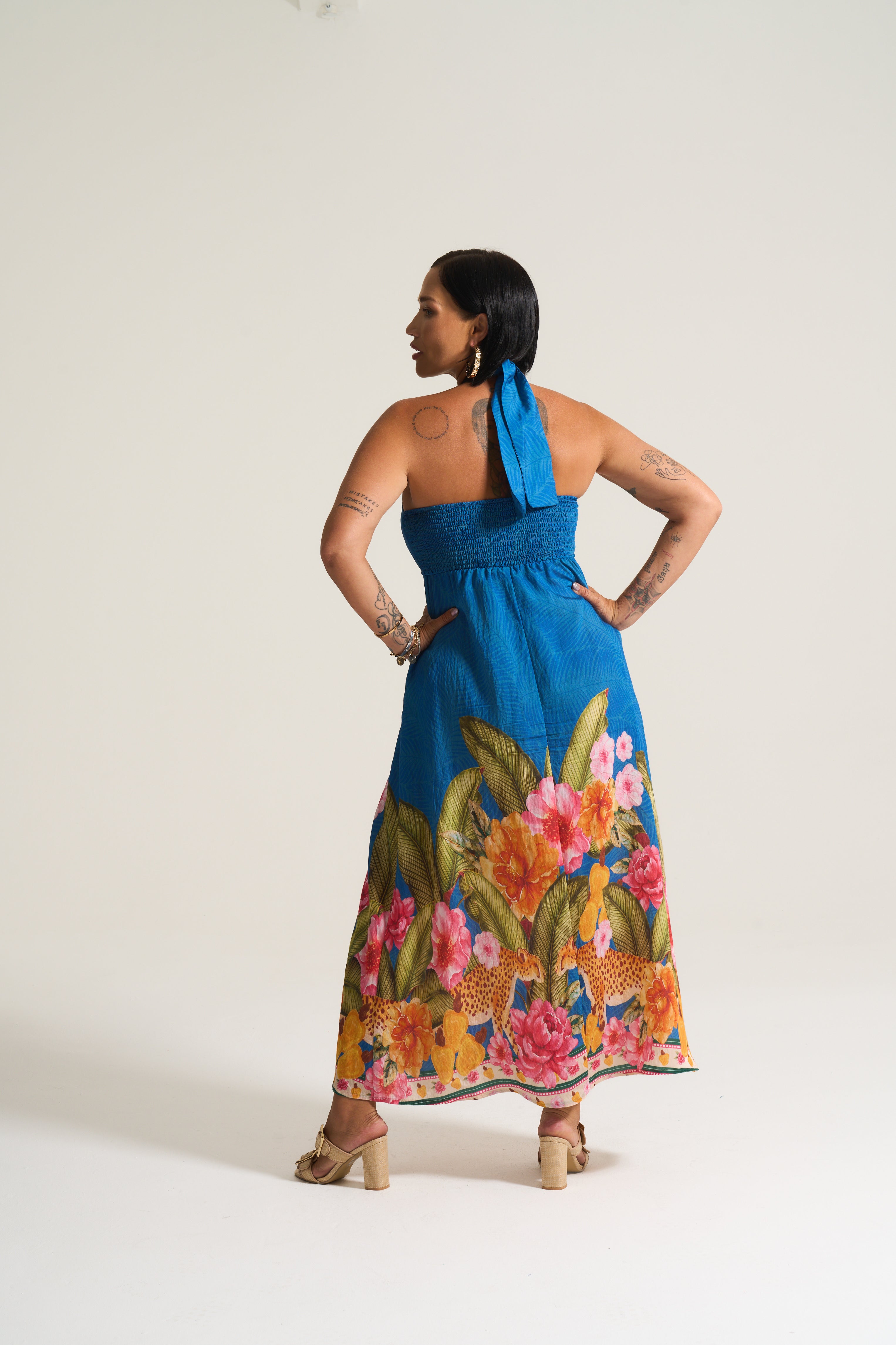 Kendal Sheering Dress in Blue Tropical