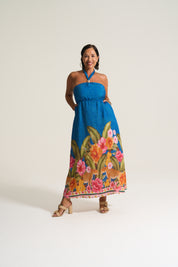 Kendal Sheering Dress in Blue Tropical