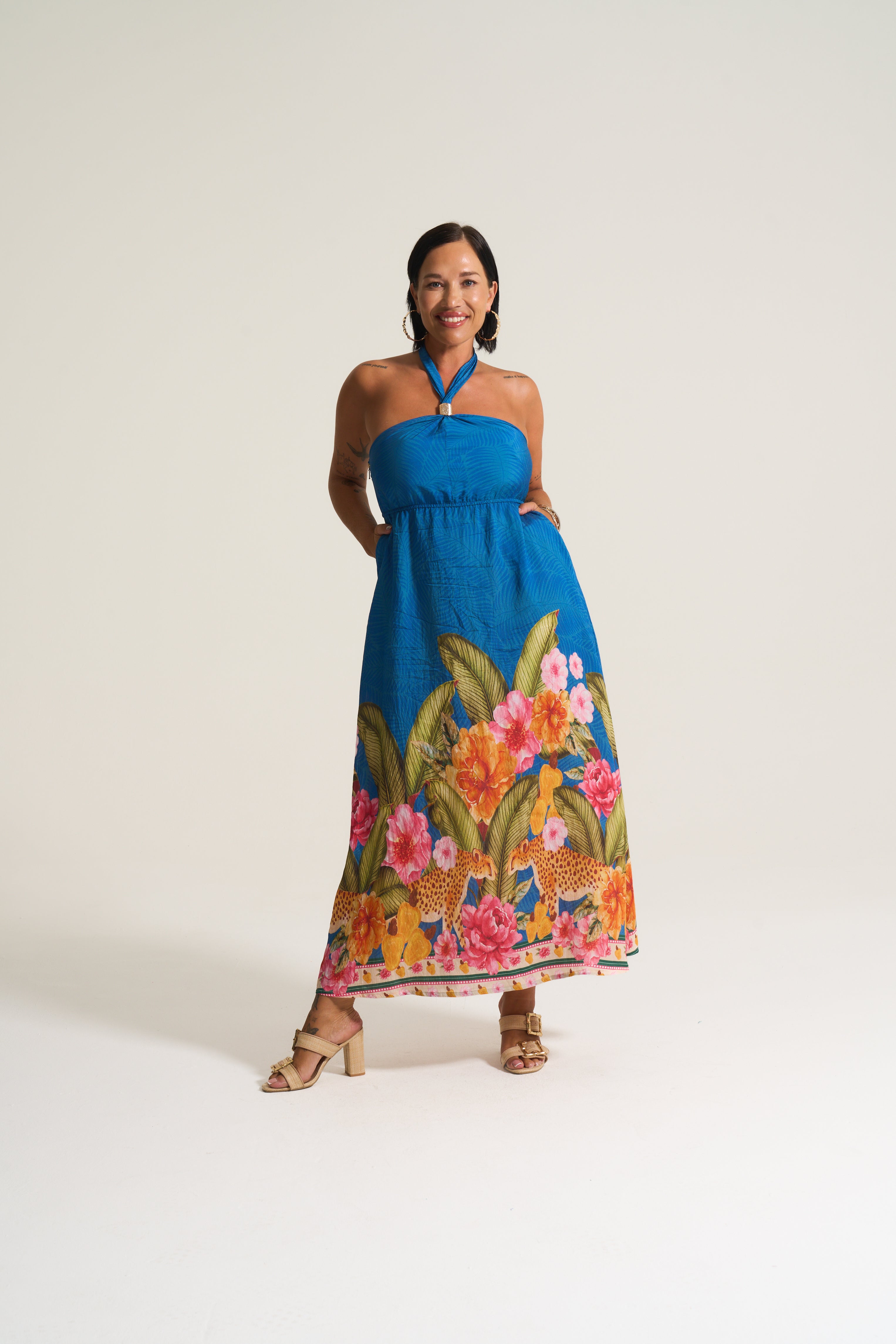 Kendal Sheering Dress in Blue Tropical