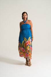 Kendal Sheering Dress in Blue Tropical