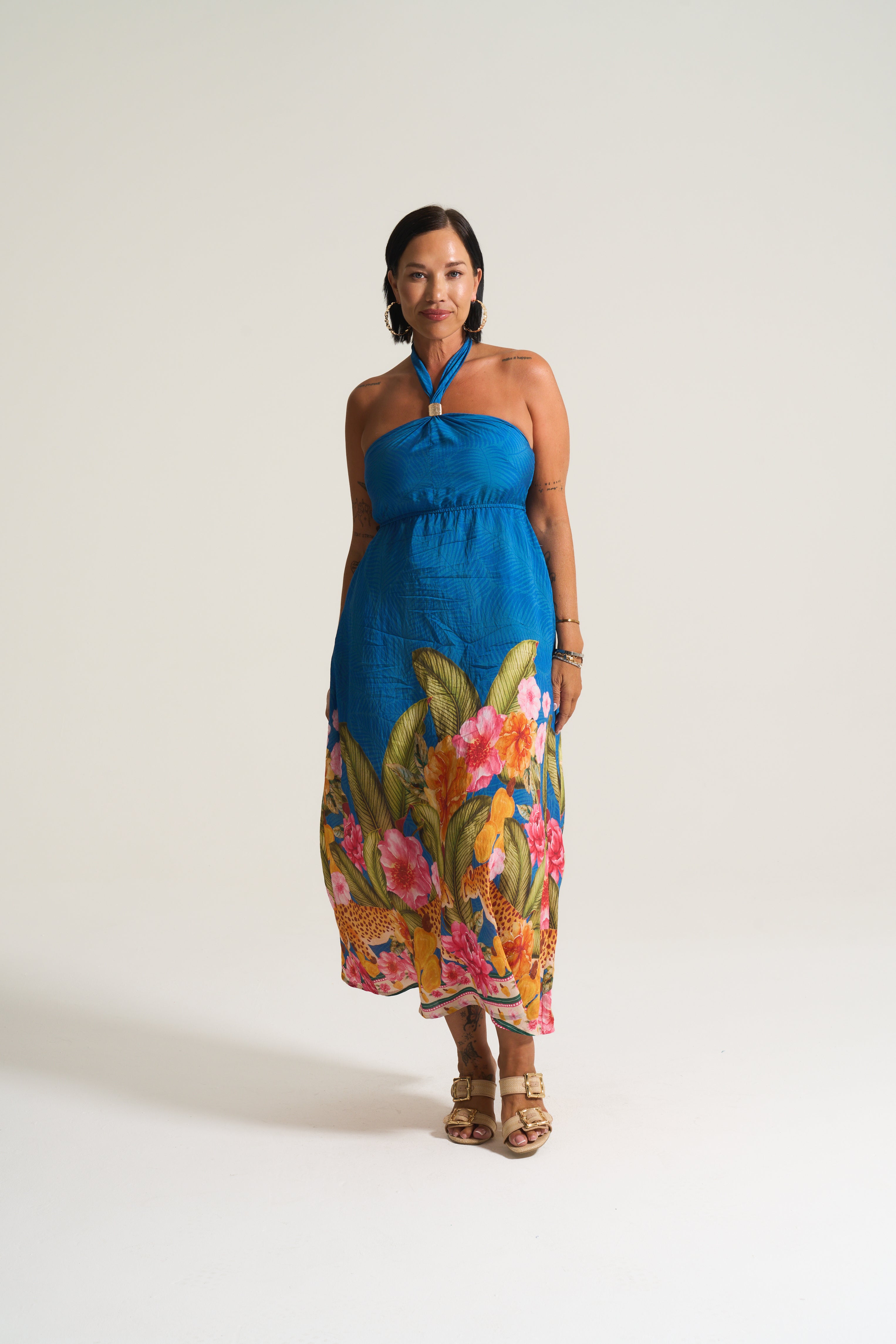 Kendal Sheering Dress in Blue Tropical