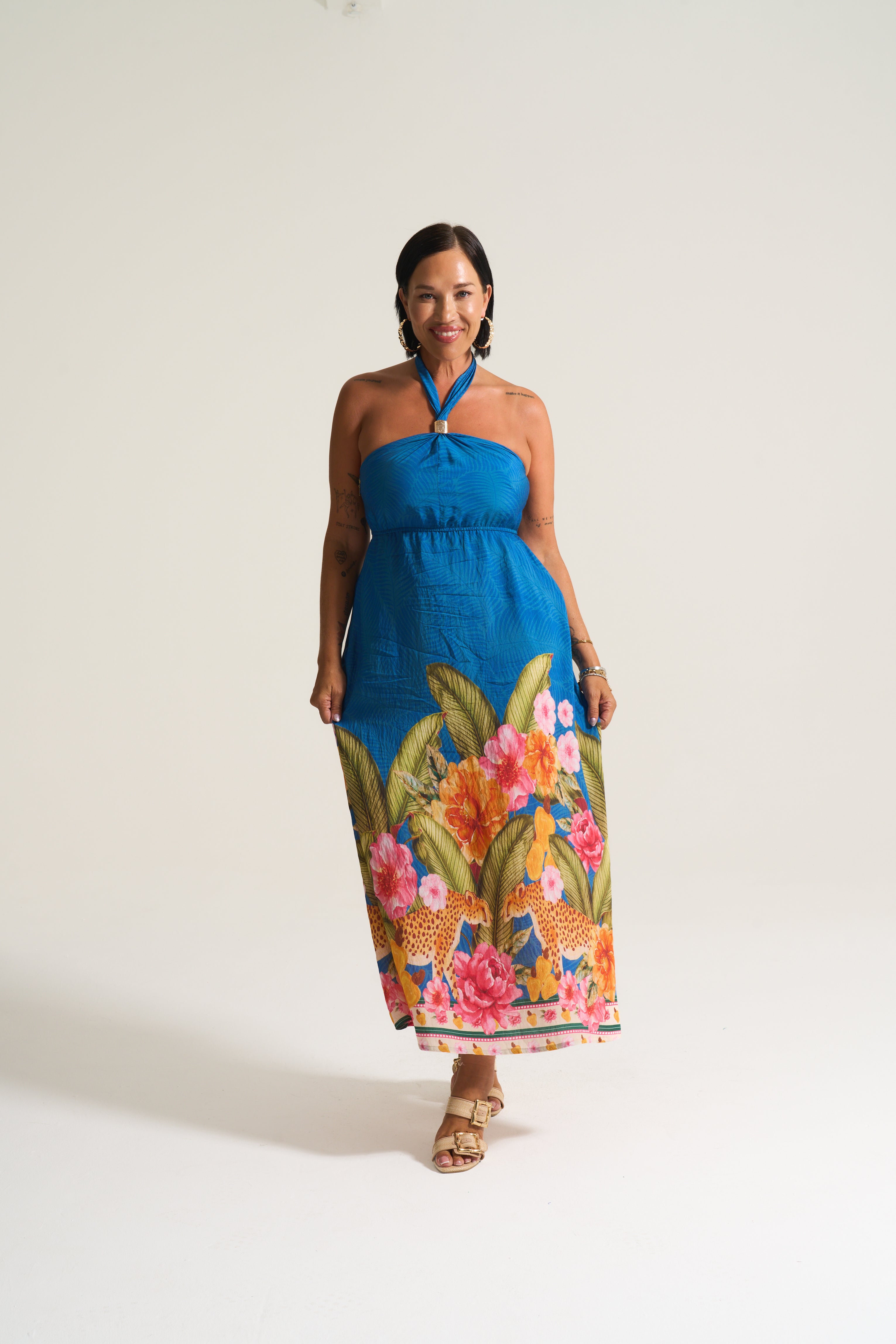 Kendal Sheering Dress in Blue Tropical